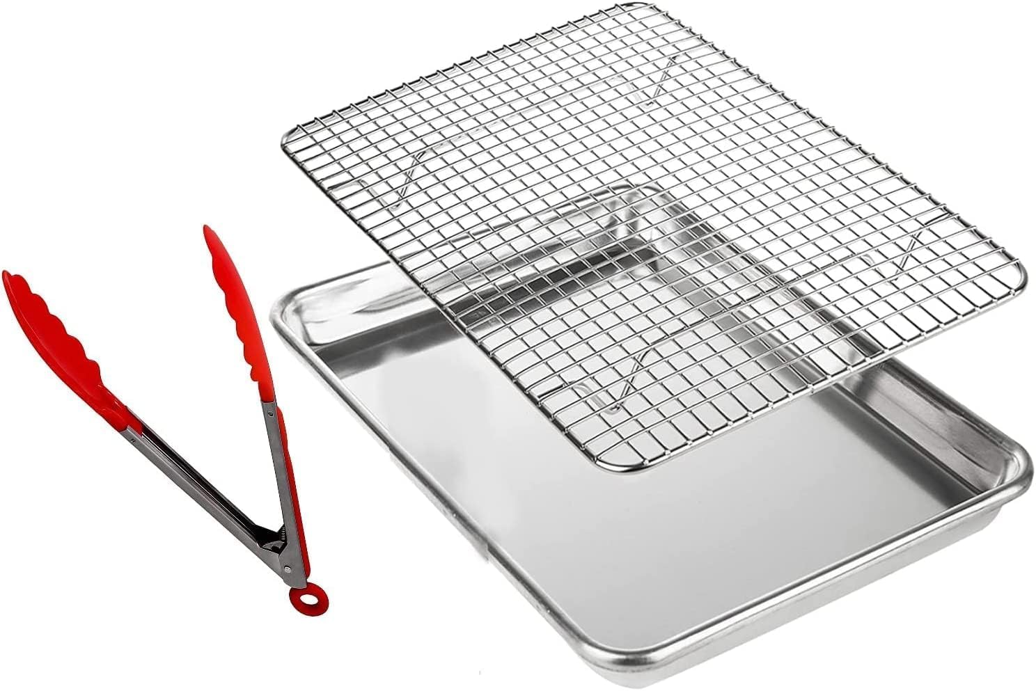 Yuniverse Pan Bakeware and Cooling Rack, Sheet Aluminum Baking Pan and Stainless Steel Rack Set, Roasting Rack Set and Cookie Tray for Oven and Grill with Nylon Food Tong as free (26.5x20.5x2.5 cm)
