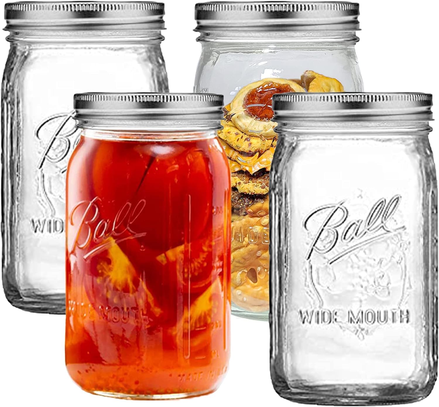 Premify 4pcs 32oz Glass Mason Jars with Airtight Lids – Large Wide Mouth Canning Jars For Food Storage, Pickling, Fermenting, and Preserving -Clear Glass Containers for Kitchen Organization