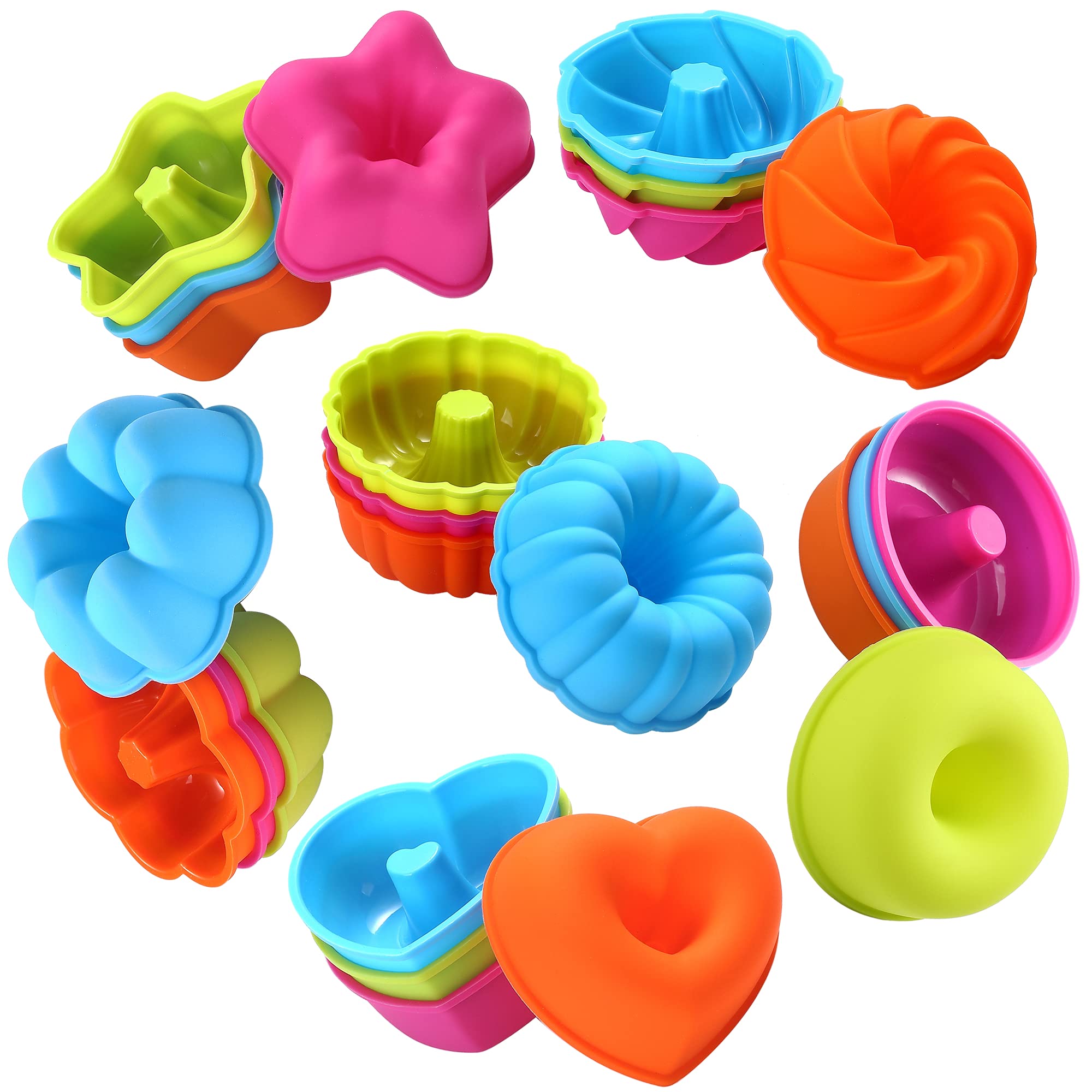 To encounter 24Pcs Silicone Molds Muffin Baking Cups Silicone Donut Baking Pan Set Nonstick Donut Mold-Heart, Stars, Flower, Round, Pumpkin, Spiral Shapes Bagel Pan Oven-Microwave-Dishwasher Safe