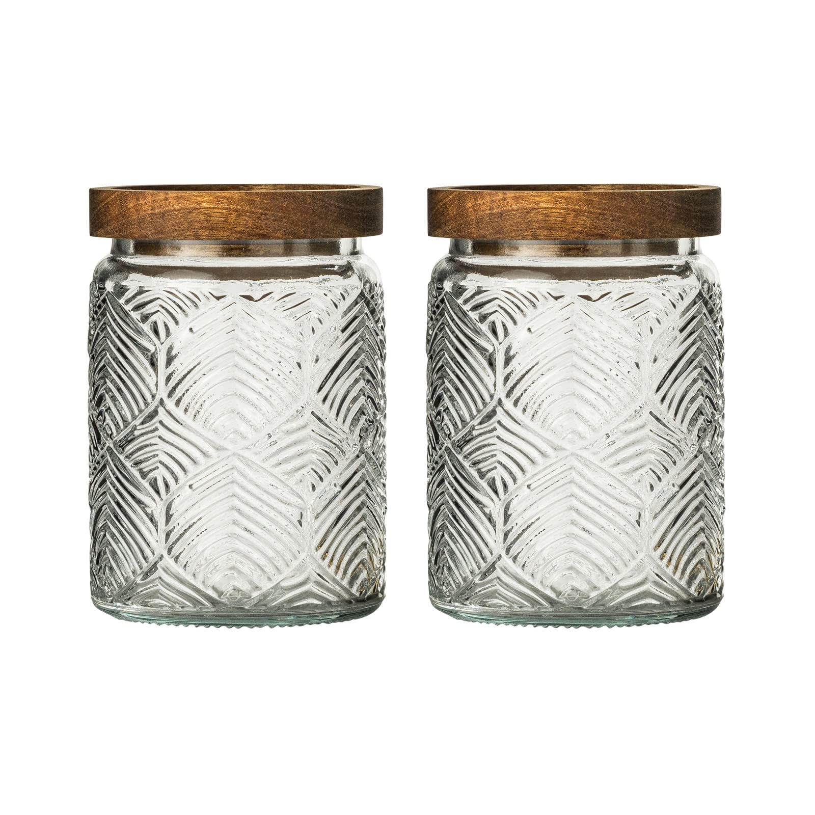 Excefore Vintage Glass Storage Jars with Wood Lids, 24 oz Glass Food Storage Containers, Airtight Canisters for Coffee, Sugar, Candy - Round Leaf Pattern