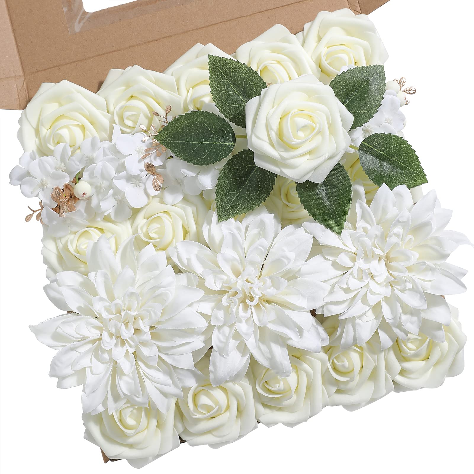 Artificial Flowers Combo Box Set Gradient Color Flower Leaf with Stems for DIY Wedding Bouquets Centerpieces Baby Shower Party Home Decor (White)