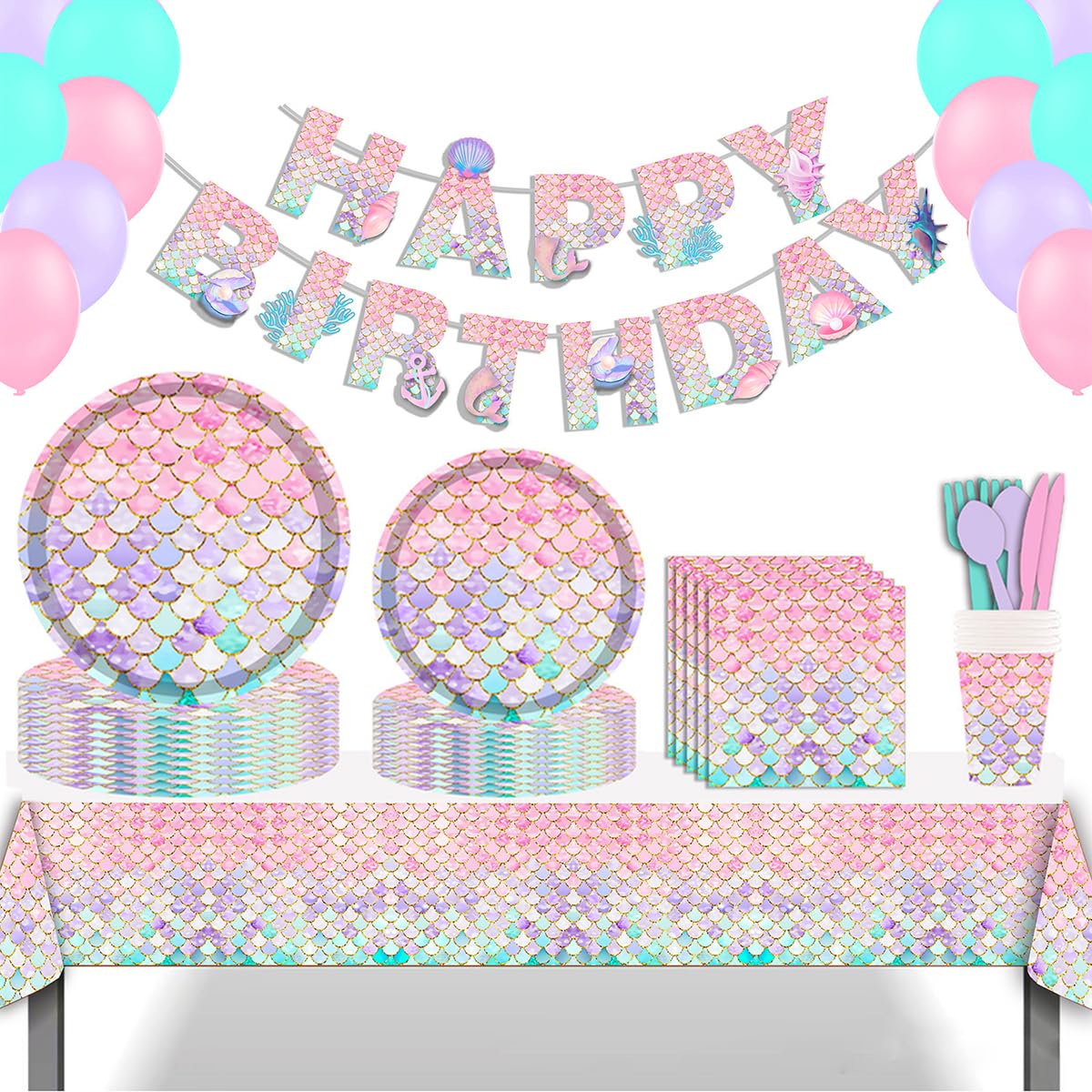 Moonmen 128Pcs Disposable Mermaid Birthday Party Tableware Set With 10 Balloon, Party Supplies Set Foil Paper Plates Napkins Cups Straws for Weddings, Anniversary, Birthday Serves 16 (Mermaid Theme)