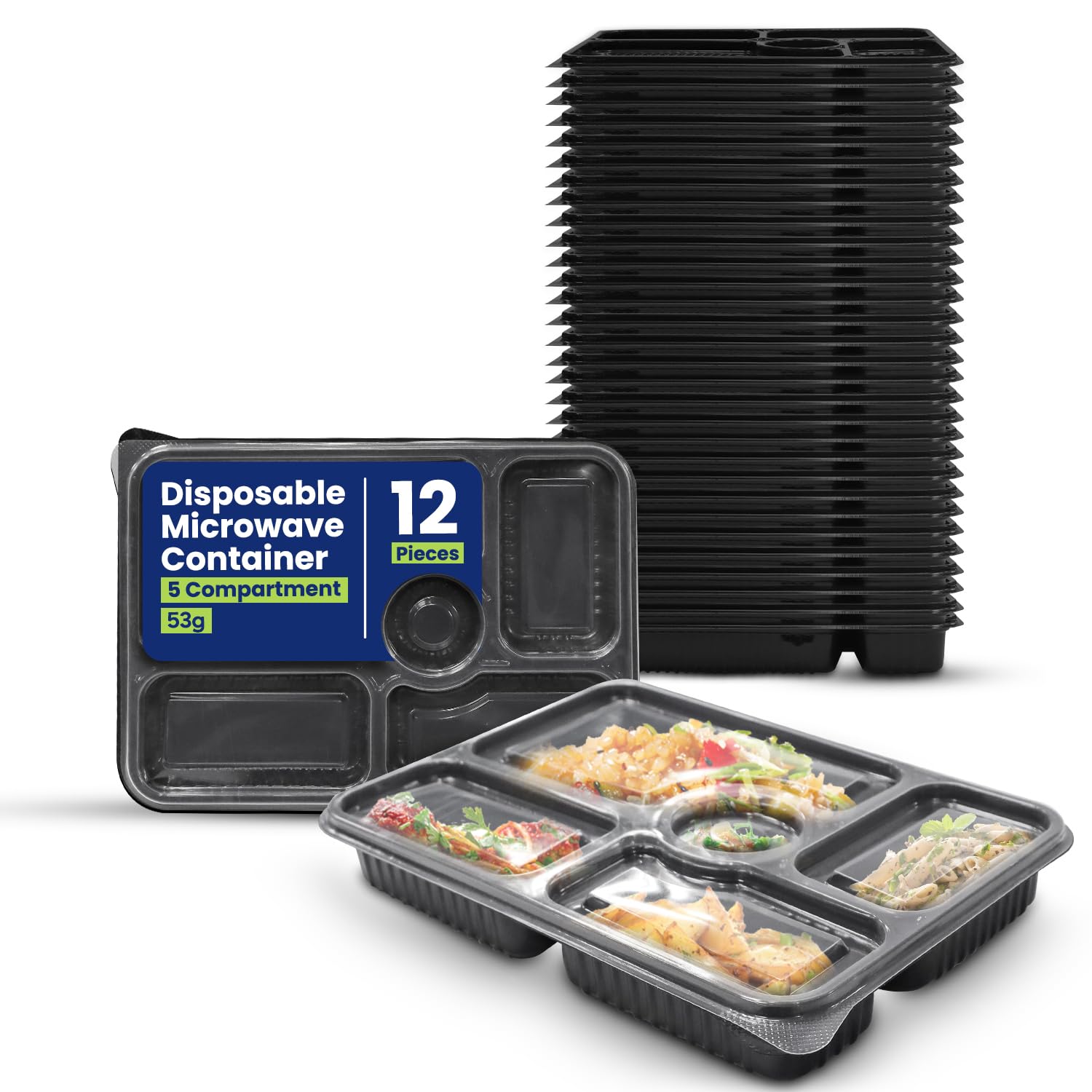 Packing 12 Pieces Microwave Disposable Container With Lid Rectangular - 5 Compartment Meal Prep Container Set - Plastic Container For Kitchen Food Storage - Take Away Containers For Lunch Boxes