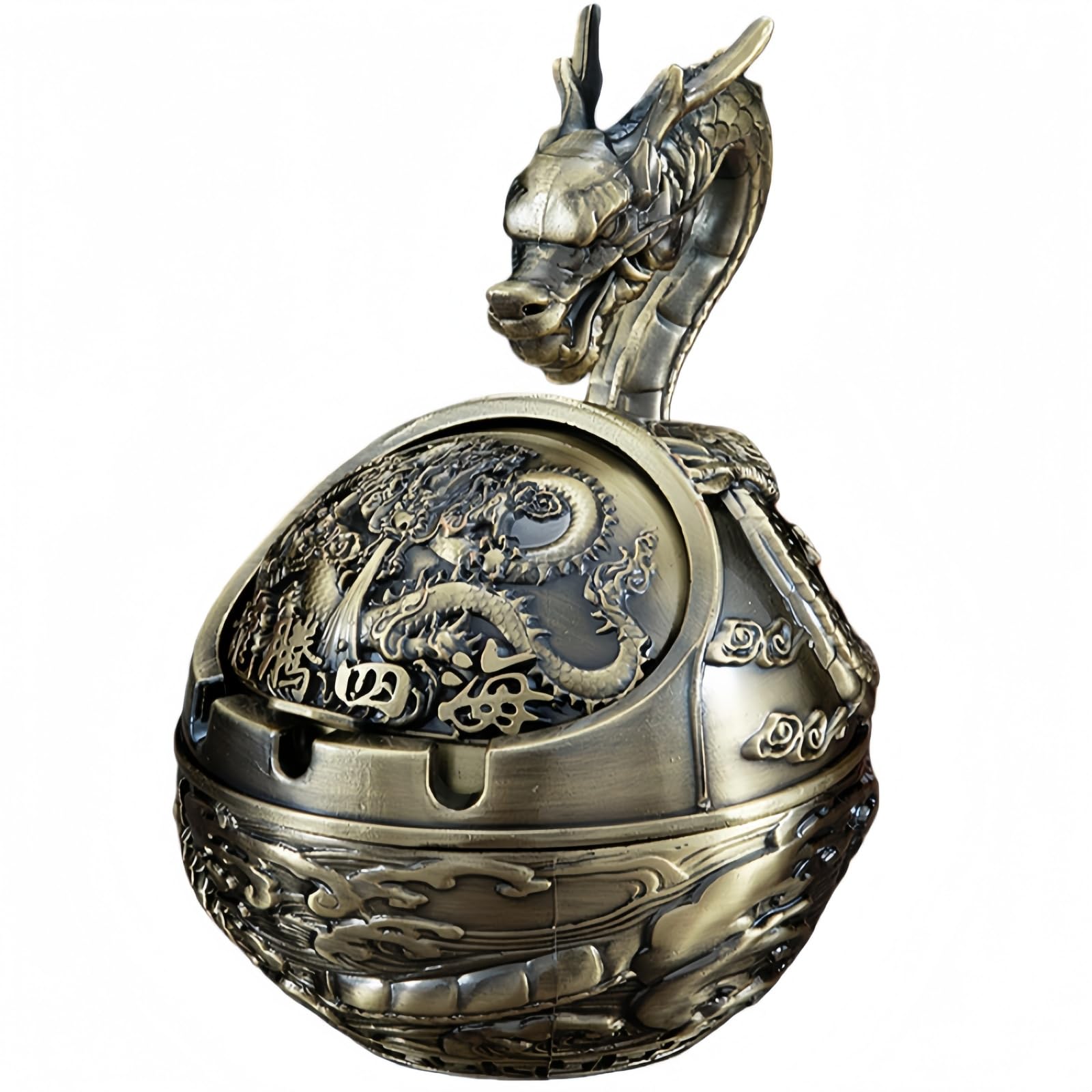 Metal Ashtray - 12 Designs to Choose From (Chinese Zodiac) - Windproof Ashtray with Antique Lid Decor for Living Room, Office & Gift (Dragon)