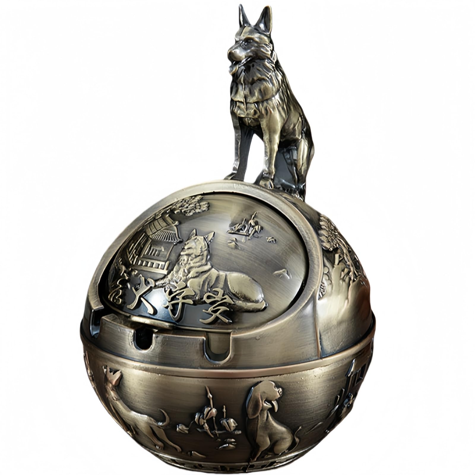 Metal Ashtray - 12 Designs to Choose From (Chinese Zodiac) - Windproof Ashtray with Antique Lid Decor for Living Room, Office & Gift (Dog)
