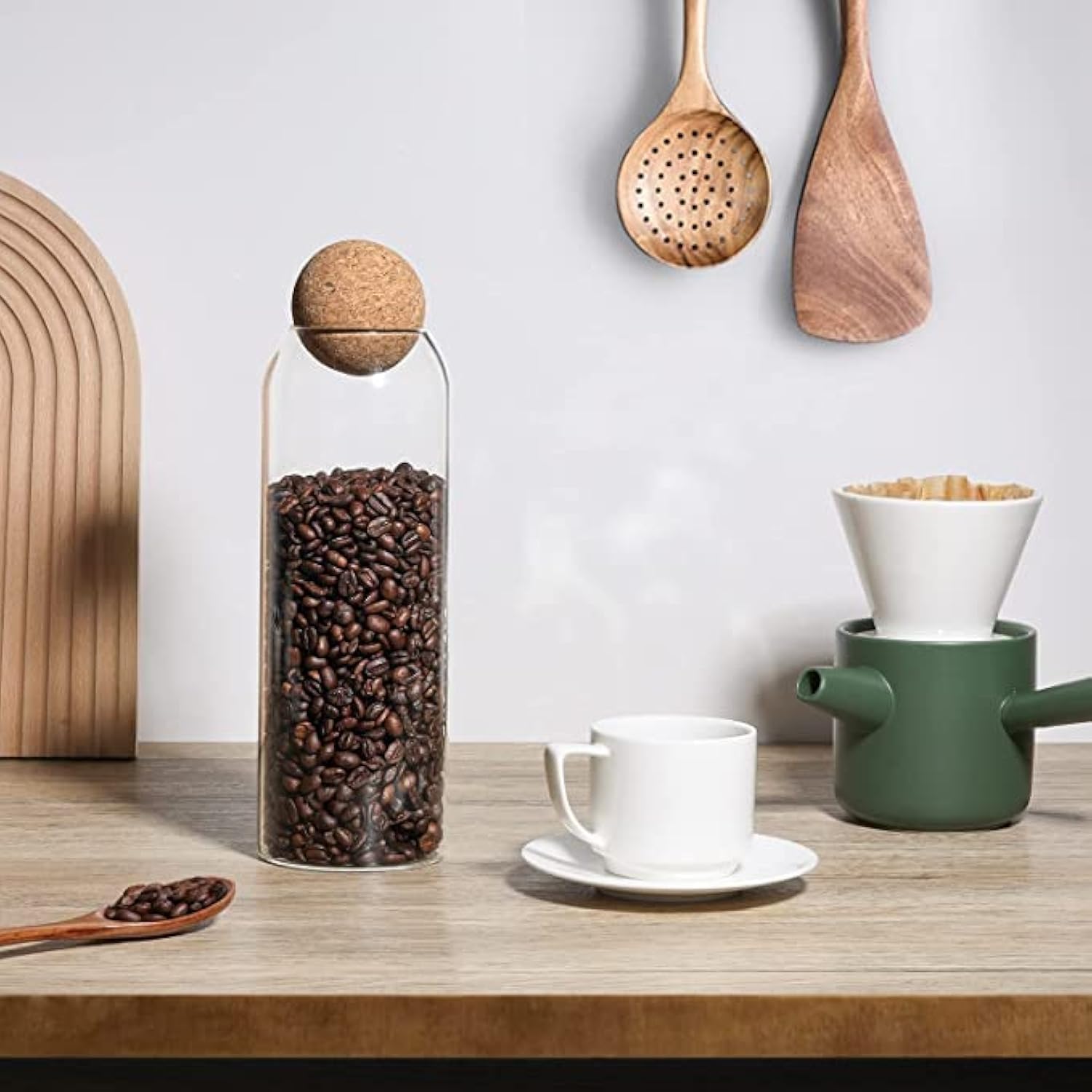 Jar Coffee Bean Jar Glass Container with Ball Cork Round Glass Bottles with Cork Glass Canisters with Airtight Seal Wooden Lid | 30oz |