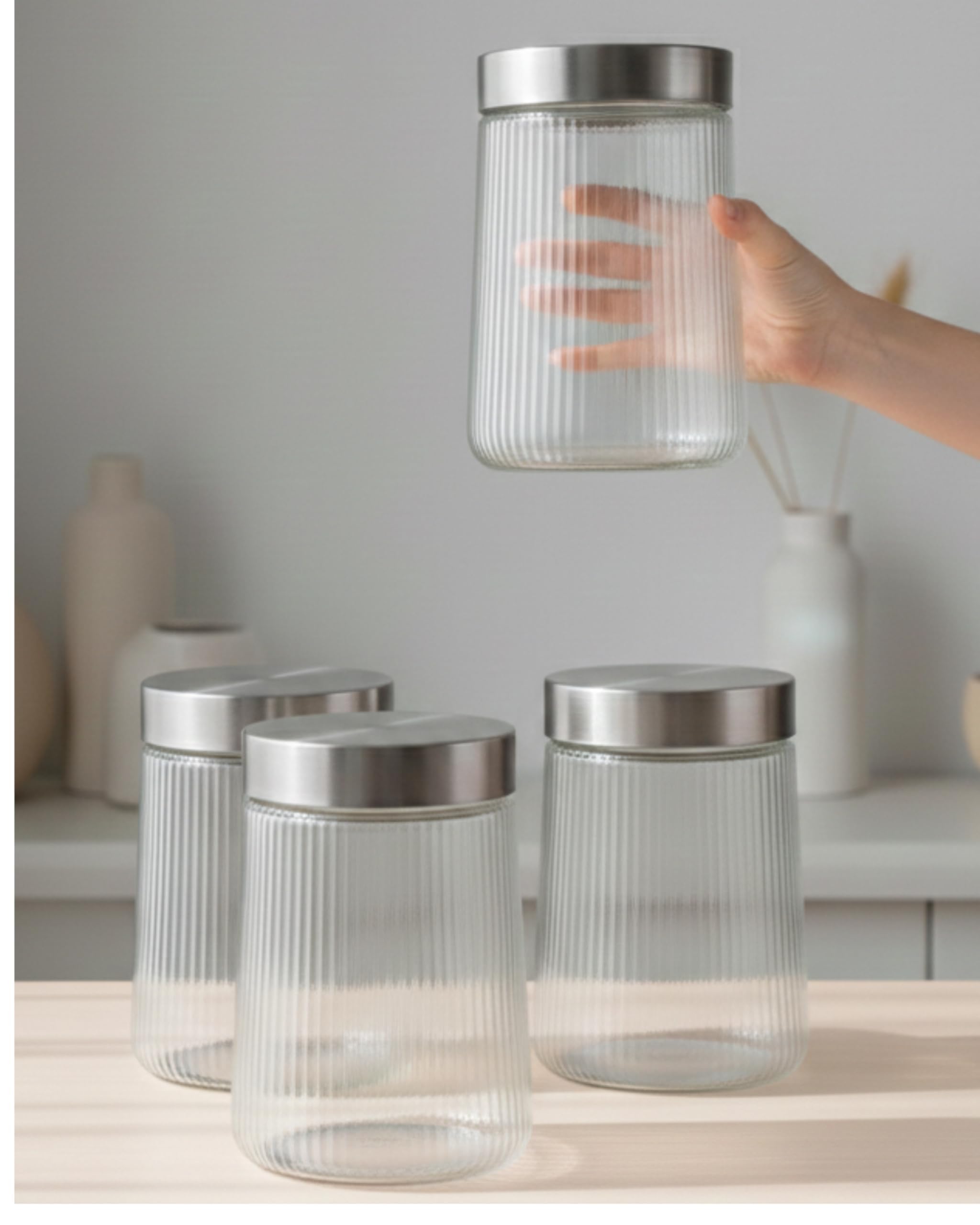 Fissman 4-Pack Storage Jars with Lids 1300mL, Glass Food Containers | Textured Glass Design for Easy Grip | Wide Mouth Food Storage Jars for Coffee, Sugar, Pasta, Oats