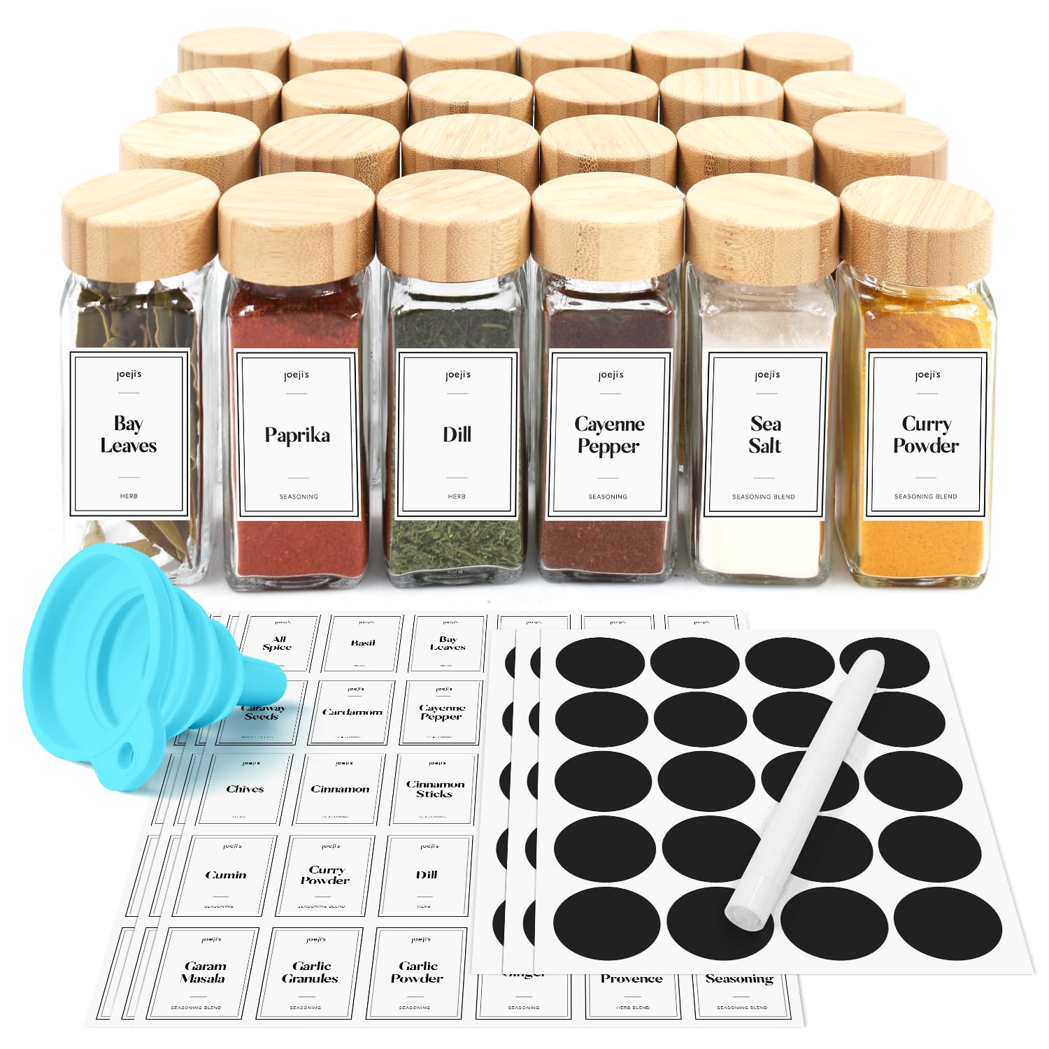 Spice Jars with Lids and Labels - 24 Pieces 120ml Glass Containers Set - Bamboo Lid - Ultimate Kitchen Storage Solution for Spices and Herbs