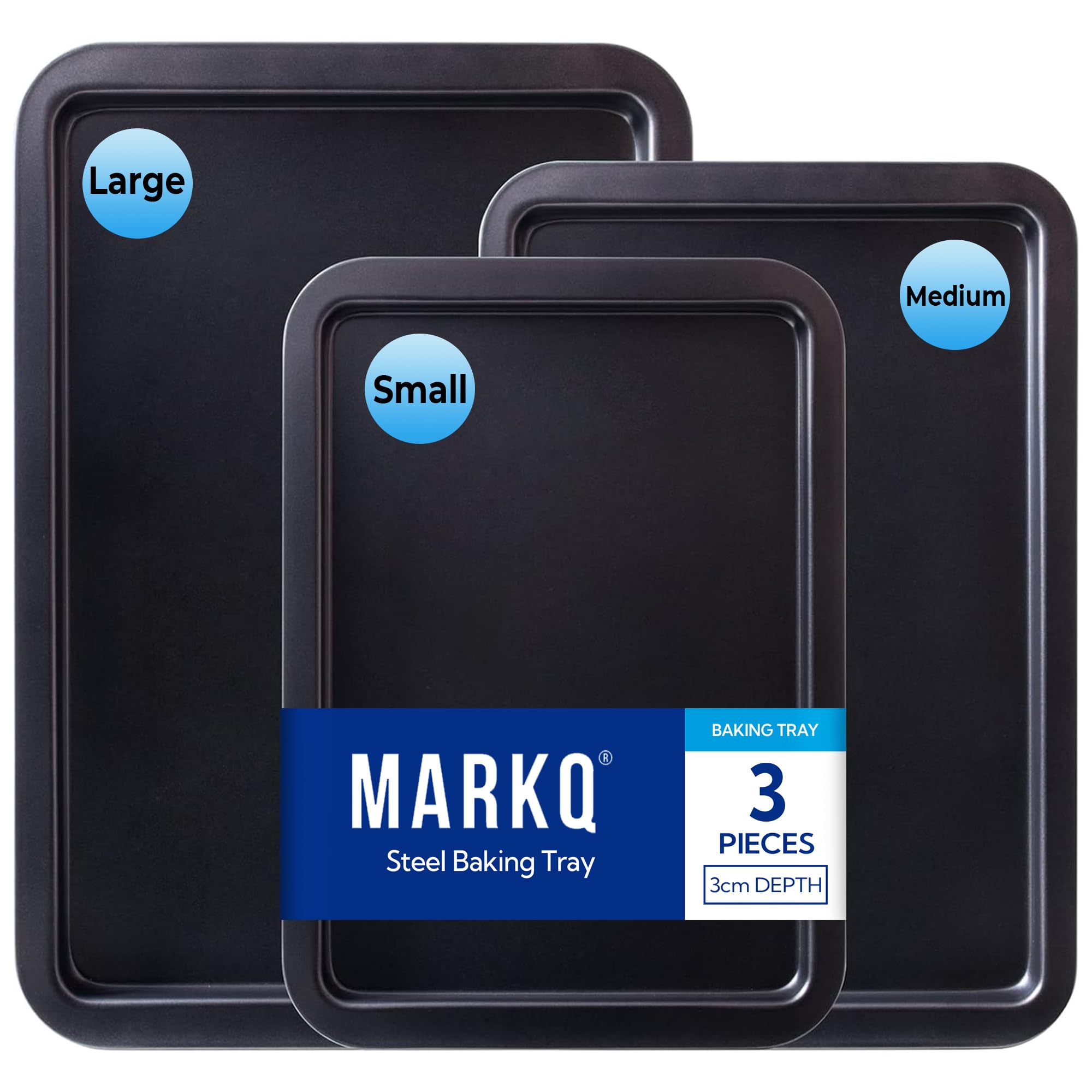 MARKQ 3-Piece Baking Tray Oven Set – Nonstick Carbon Steel Baking Pans for Cookies, Brownies, Pizza & Oven Cooking | Durable Easy-Clean Bakeware Set (Large, Medium, Small)