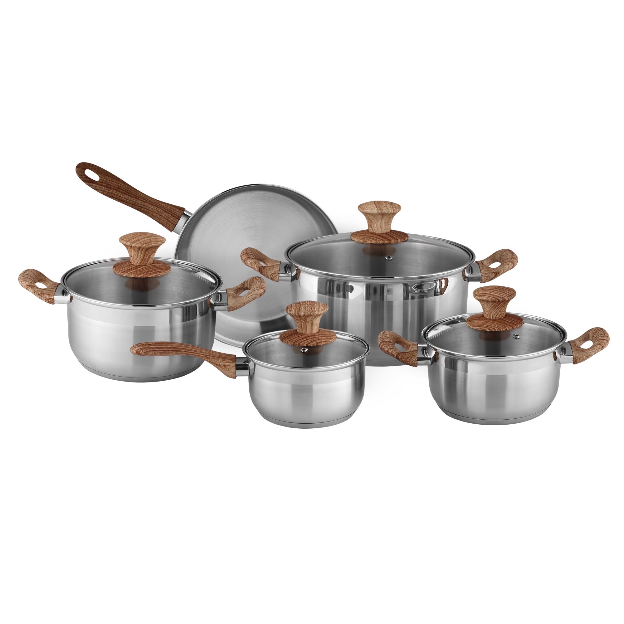 Delcasa 9Pc Stainless steel Cookware Set Induction DC3581 24 cm casserole with Lid, 20 cm casserole with lid, 18 cm casserole with lid, 24 cm frypan, 16 cm saucepan with lid