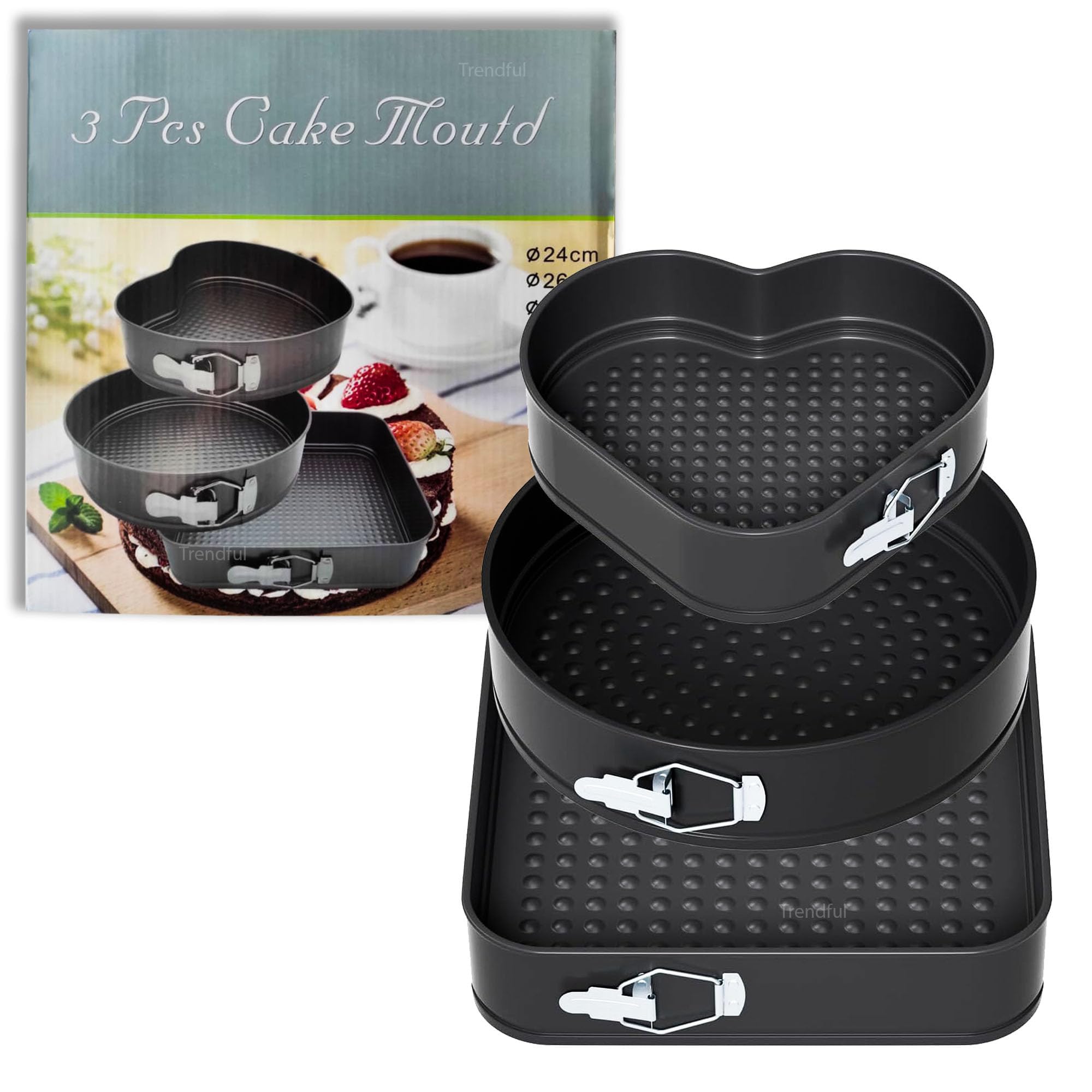 Trendful 3-Piece Non-Stick Springform Cake Pan Set, Heart, Round & Square Moulds with Removable Bottoms (24cm, 26cm, 28cm)