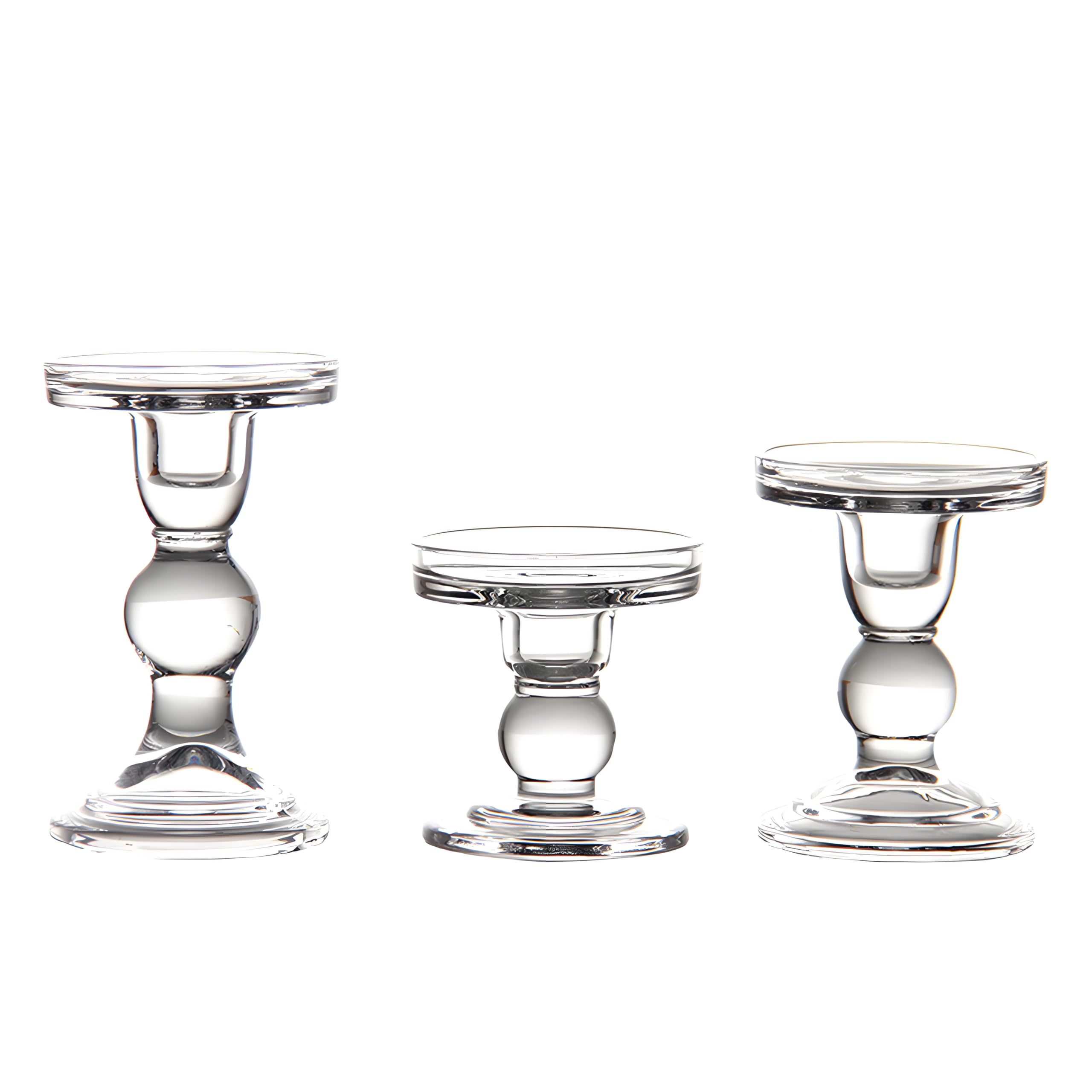 Glass Candle Holders Set of 3, Crystal Clear, 8.8-14cm Height, Rhinestone Decorated Pillar Candlesticks