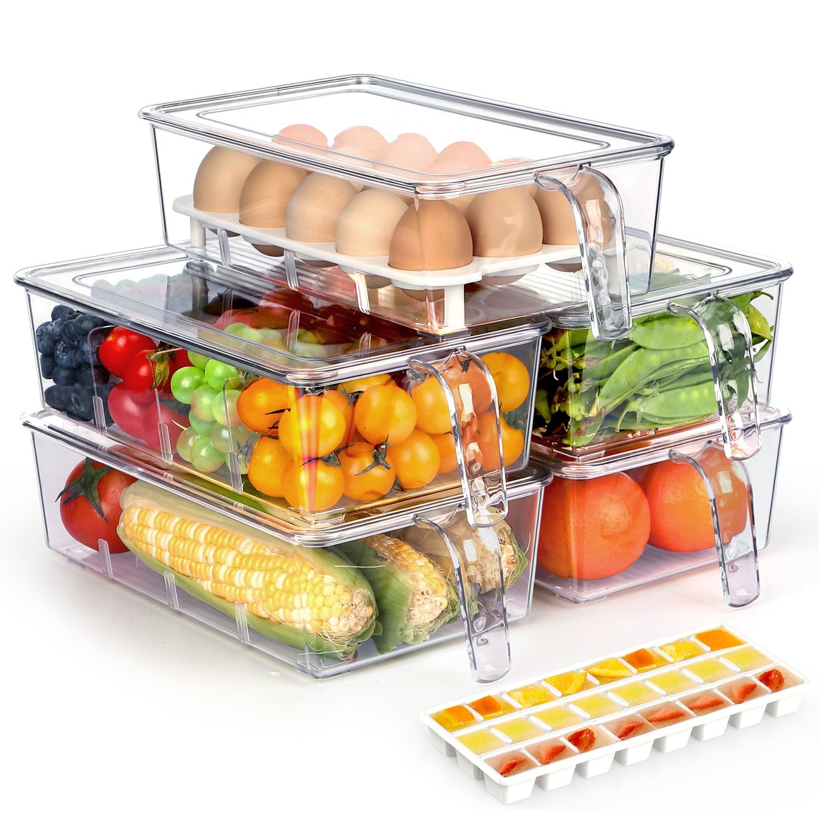 5 Pack Fridge Organizer, Stackable Refrigerator Organizer Bins with Lids, BPA-Free Fridge Organizers With Handles, Clear Storage Bins and Storage Containers for Fruit, Vegetable, Egg Holder