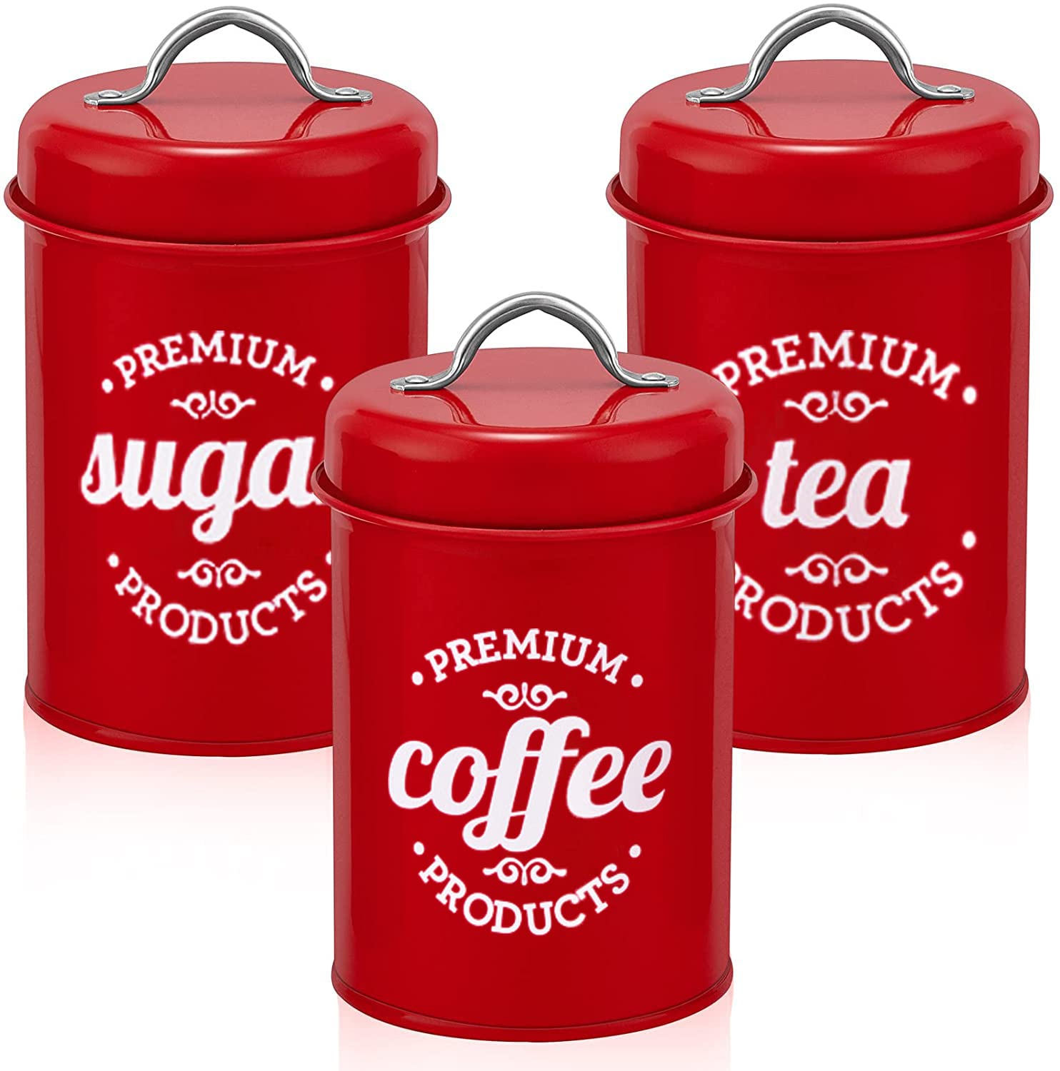 NC Airtight Kitchen Containers Decorations with Lids,Red Portable Coffee Tea Sugar Set,Metal Canister Decorative Kitchen Jars Food Storage (Set of 3)
