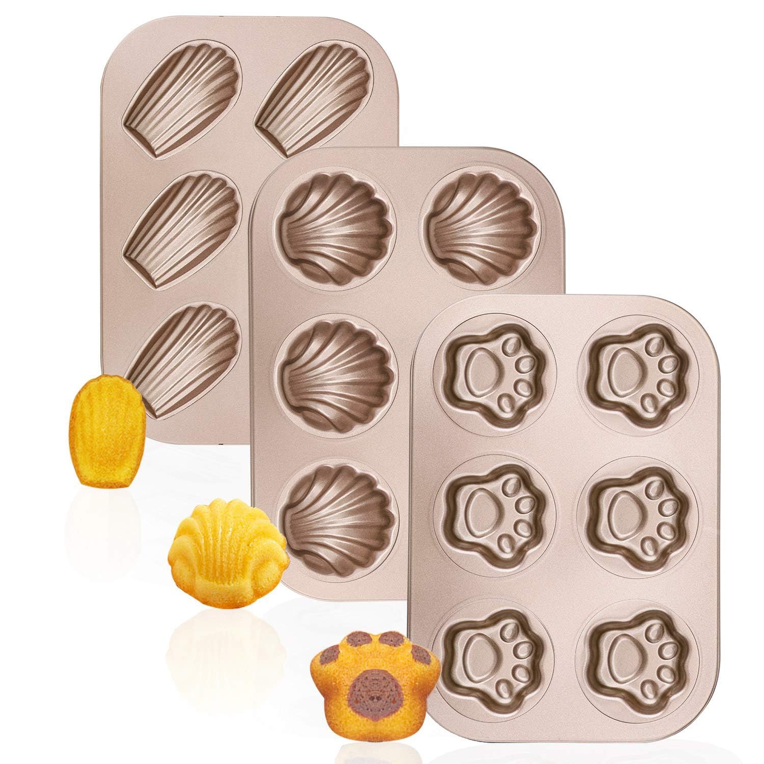 NALACAL Madeleine Pans, 3 Pack 10x7 Inch 6 Cavity Nonstick Cat Shaped Cake Cookies Pan Carbon Steel Madeleine Mold Shell Madeline Pan Madeline Bakeware for Oven Baking