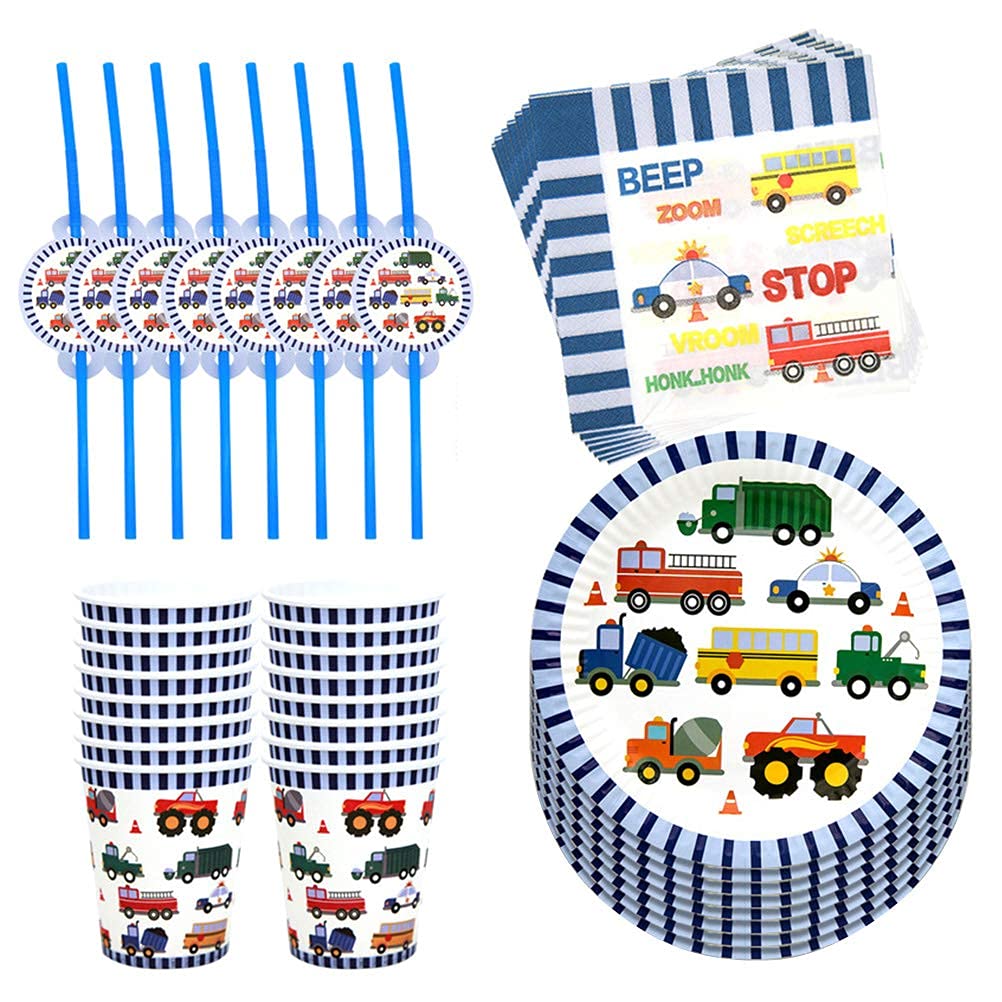 KASTWAVE 50pcs in 1 Set Engineering Vehicle Theme Disposable Tableware, Paper Cup Plates Dinnerware Set Car Printing Napkins Straw Set Baby Boy Birthday Party Supplies Party Supply