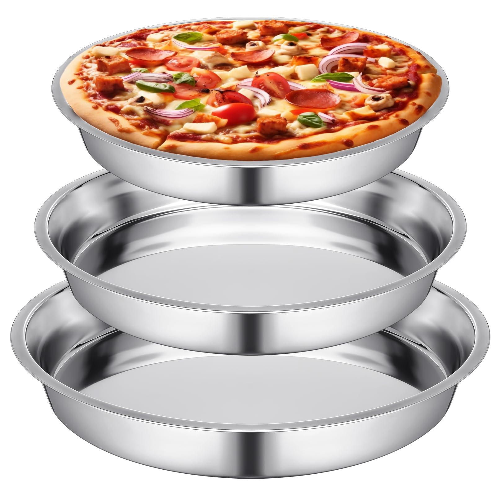 Nuogo 3 Pcs 16 14 10 Inch Large Deep Pizza Pans Stainless Steel Pizza Tray Round Oven Tray Rust Proof Reusable Bakeware Cooking Pan Dishwasher Safe for Baking, Serving, and Displaying Cookie Pie