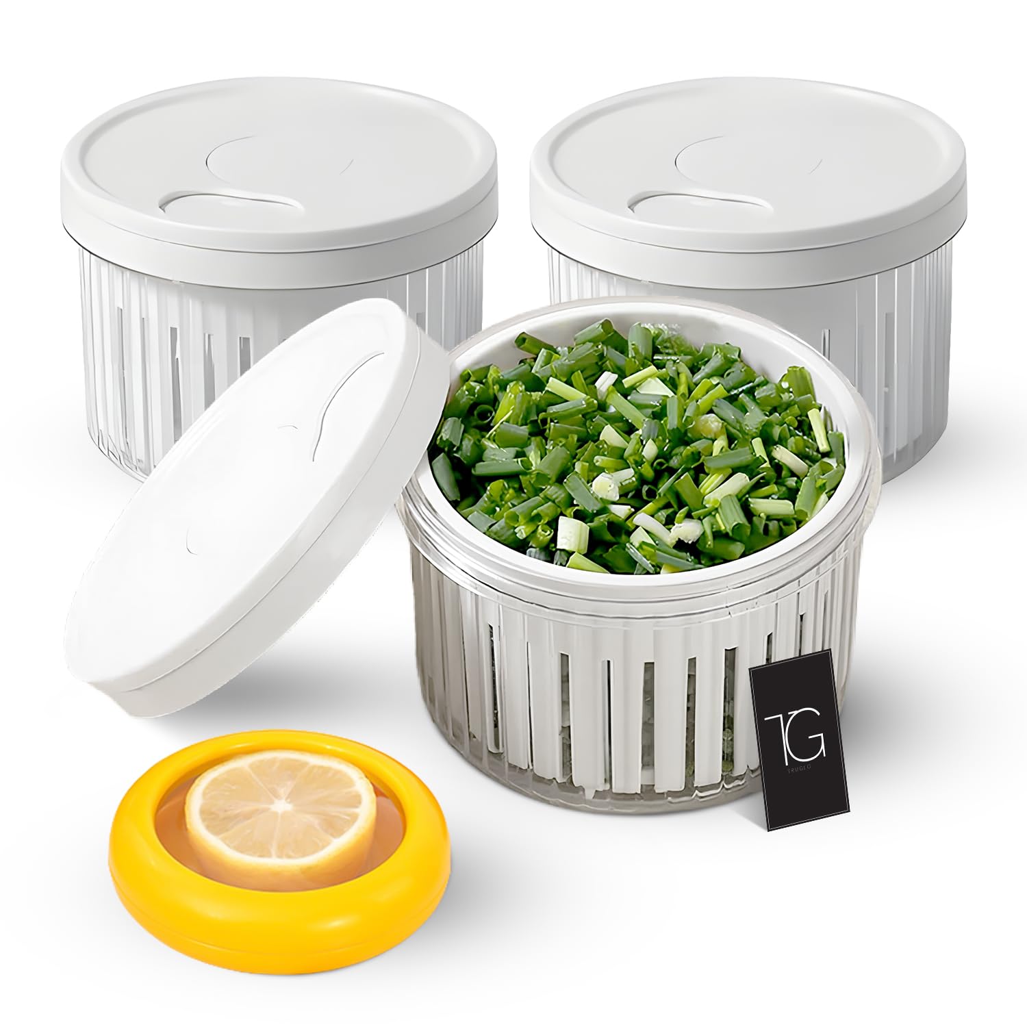 TruGlo 3pcs Food Storage Container with Drain Basket Round Drain Sealed, Fridge Container and Organizer, Keep Freshness for Fruits, Veggies & Spices, Ideal for Pantry, Meal Prep & Kitchen Organization