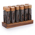 JUXYES Set of 12 Single Dose Coffee Bean Storage Tubes with Wooden Stand and Lids, Dosing Glass Vials for Coffee Storage, Coffee Bean Container Cellars, Espresso Bean Canisters Set, 2 fl oz