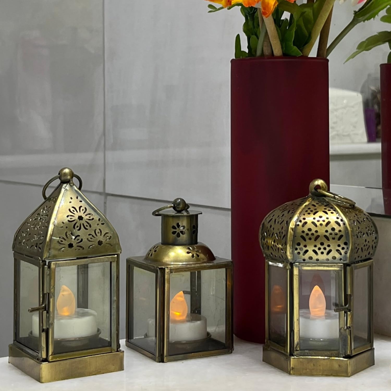 Arabic Lanterns – Gold Metal with Plain Glass, Moroccan Candle Holders, Ramadan & Eid, Christmas Home Décor, Decorative Antique Style in 3 Shapes Set of 3