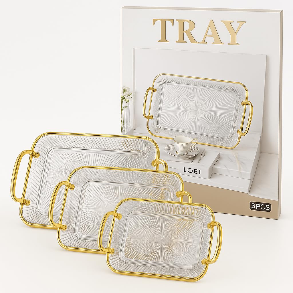 Pack of 3 Premium Acrylic Serving Tray Set with Gold Handles | Rectangular Trays for Serving Tea, Coffee, Juices, Snacks, Nuts & Sweets for Home, Office, Cafes, Restaurants, Events Outdoor Use