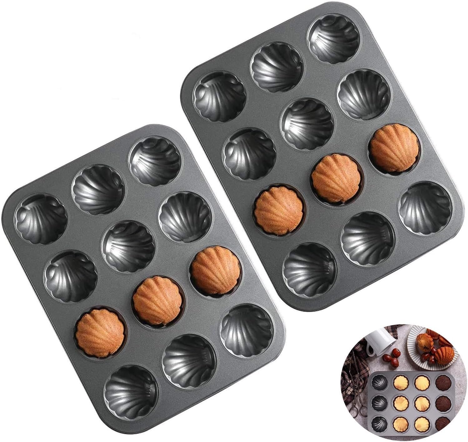 Cake Mold Pans, Set of 2 French Madeleine Pans, Shell Design Non-Stick Bakeware, Carbon Steel Construction for Even Heat, Ideal Baking Gift for Home Bakers