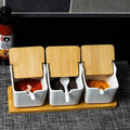 YATAI Ceramic Storage Jars With Bamboo Tray - Food Spice Container – Seasoning Jar With Lids & Spoon Kitchen Storage Organizer Condiment Jar Cruet Set Salt and Pepper Set Coffee Tea Sugar Bowl