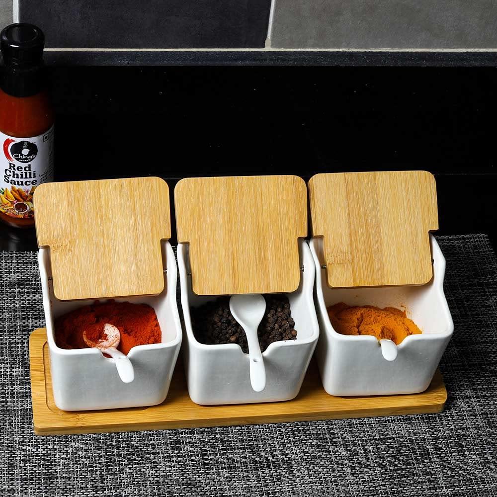 YATAI Ceramic Storage Jars With Bamboo Tray - Food Spice Container – Seasoning Jar With Lids & Spoon Kitchen Storage Organizer Condiment Jar Cruet Set Salt and Pepper Set Coffee Tea Sugar Bowl