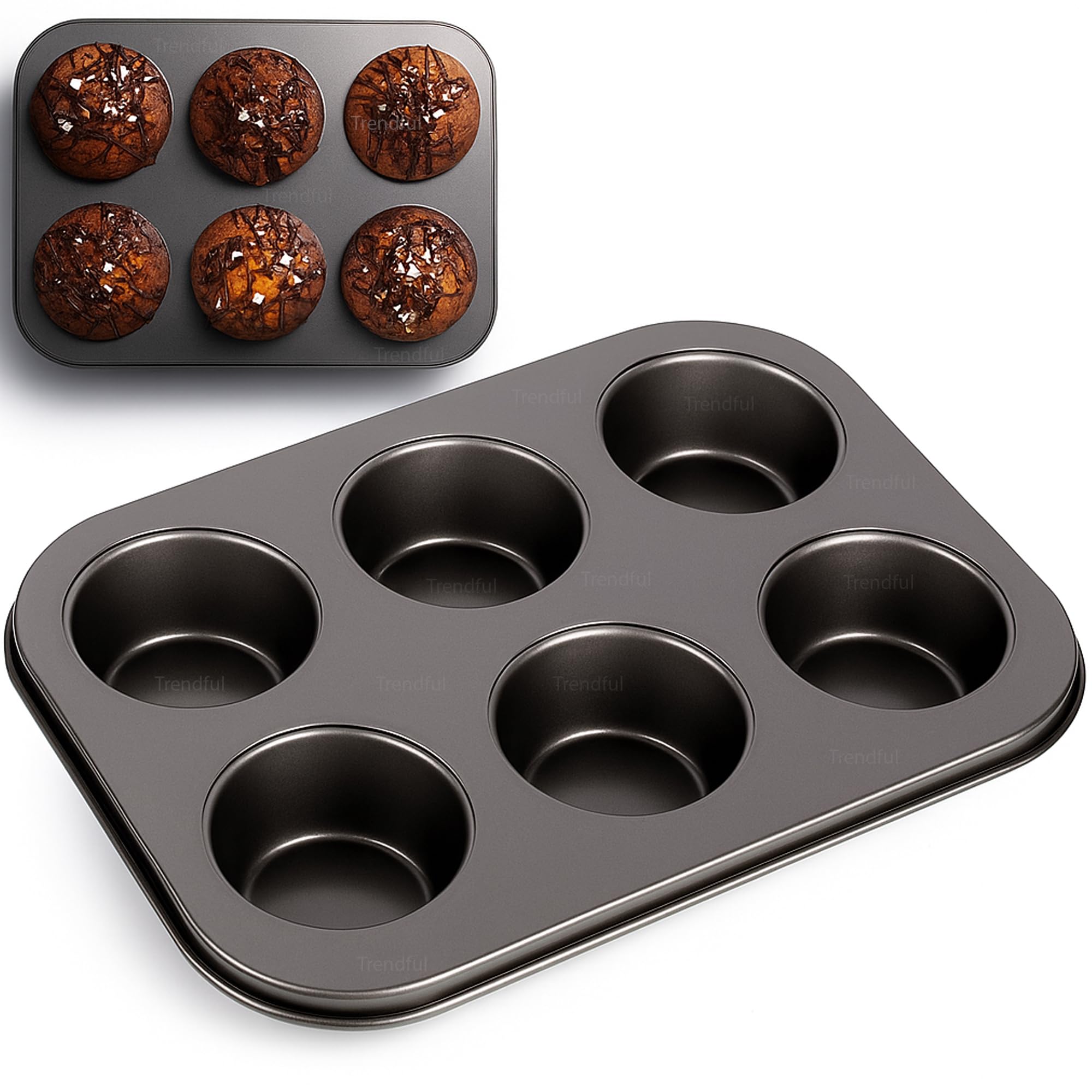 Trendful Non Stick 6 Cup Muffin Tray, Carbon Steel Cupcake Baking Pan for Muffins, Cupcakes, Brownies & Tarts, Durable, Even Heating, Easy Clean Bakeware (Black)