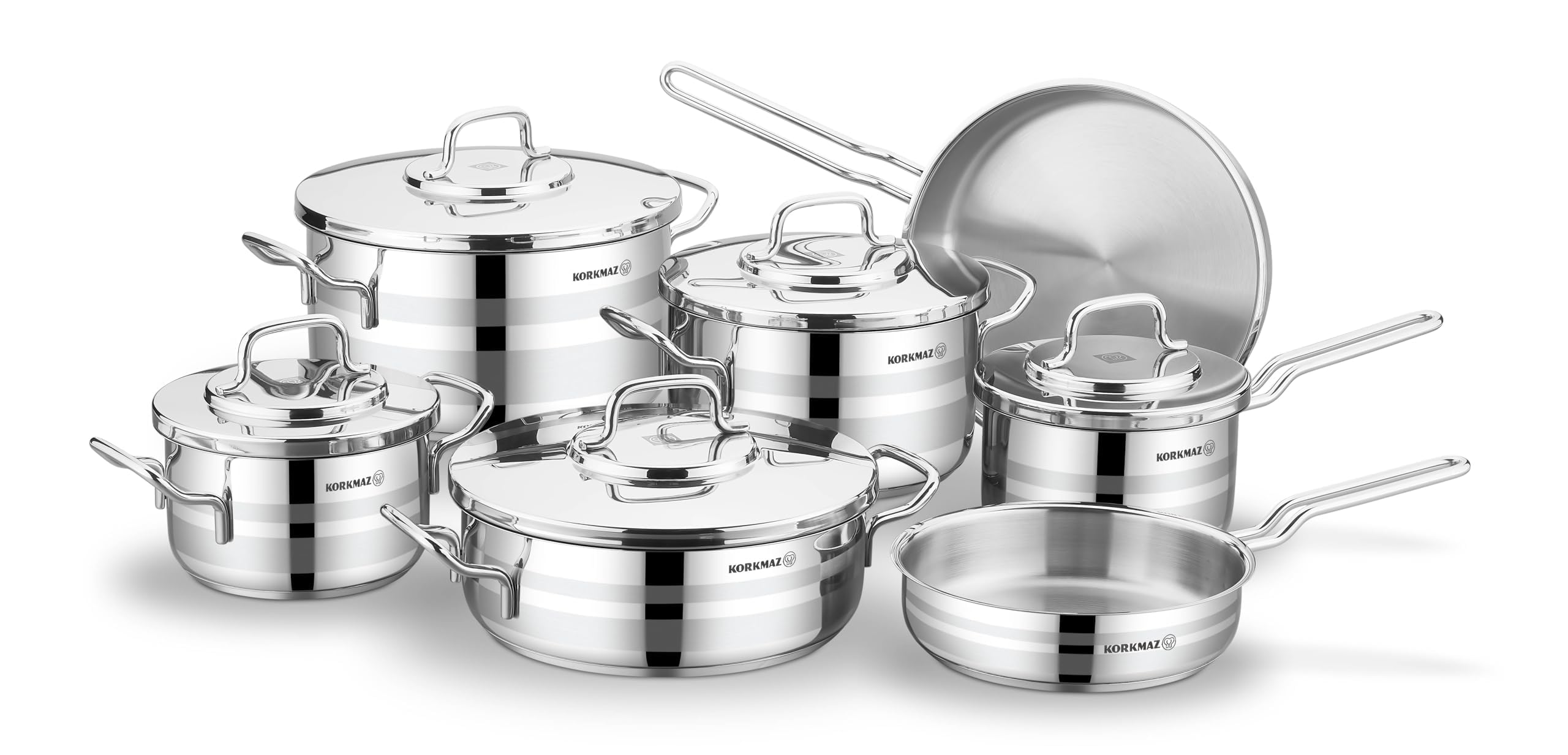 Korkmaz Astron 12 Pcs Cookware Set | | Stainless Steel Pots and Pans Set | Inductions Compatible Cooking Set | Silver - KA2056
