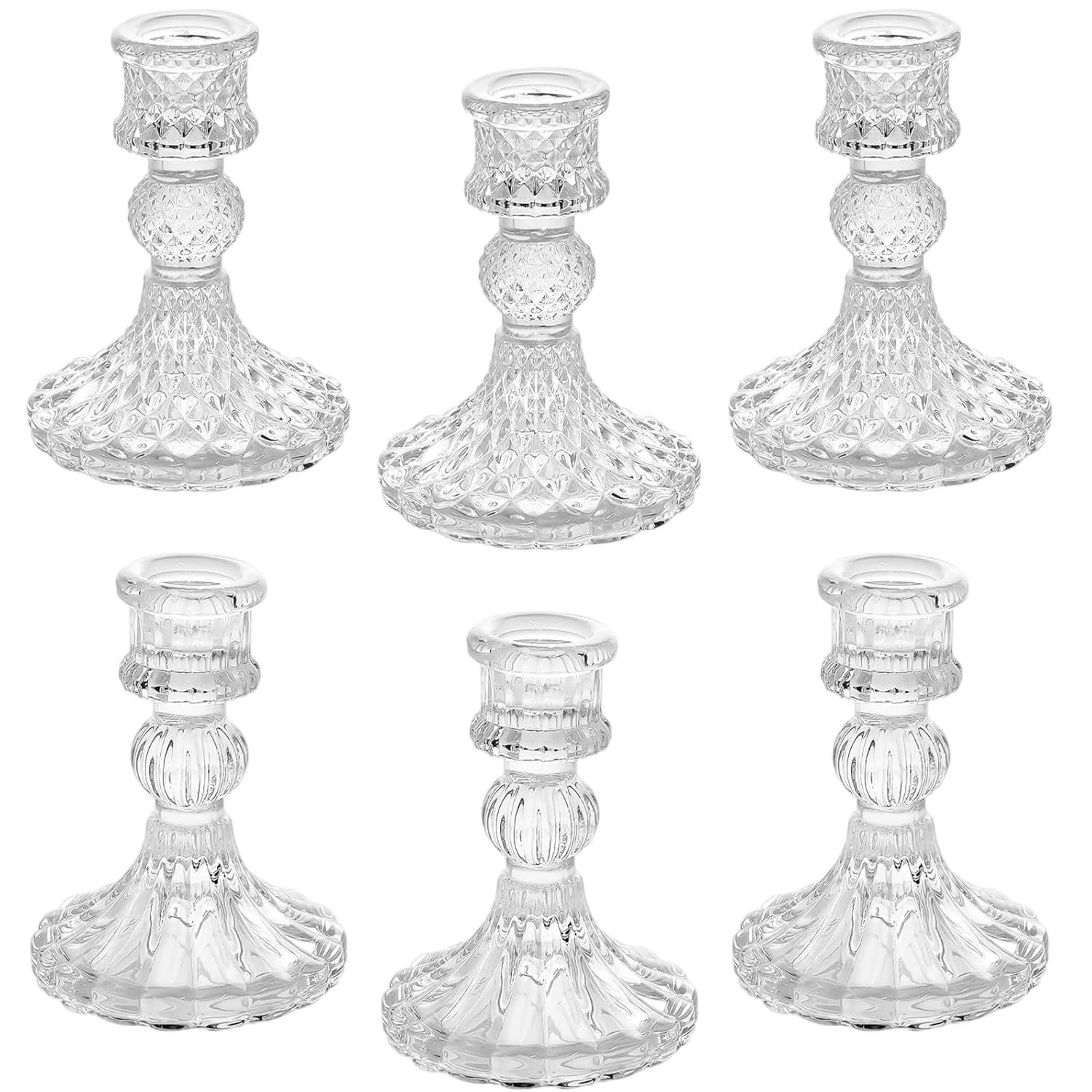 Angju Clear Glass Candlestick Holders,6 pcs Set Include Taper Candle Holders and Stripe Candle Holders,Two Style for Formal Events, Wedding, Festival,Church, Party & Festival Decoration