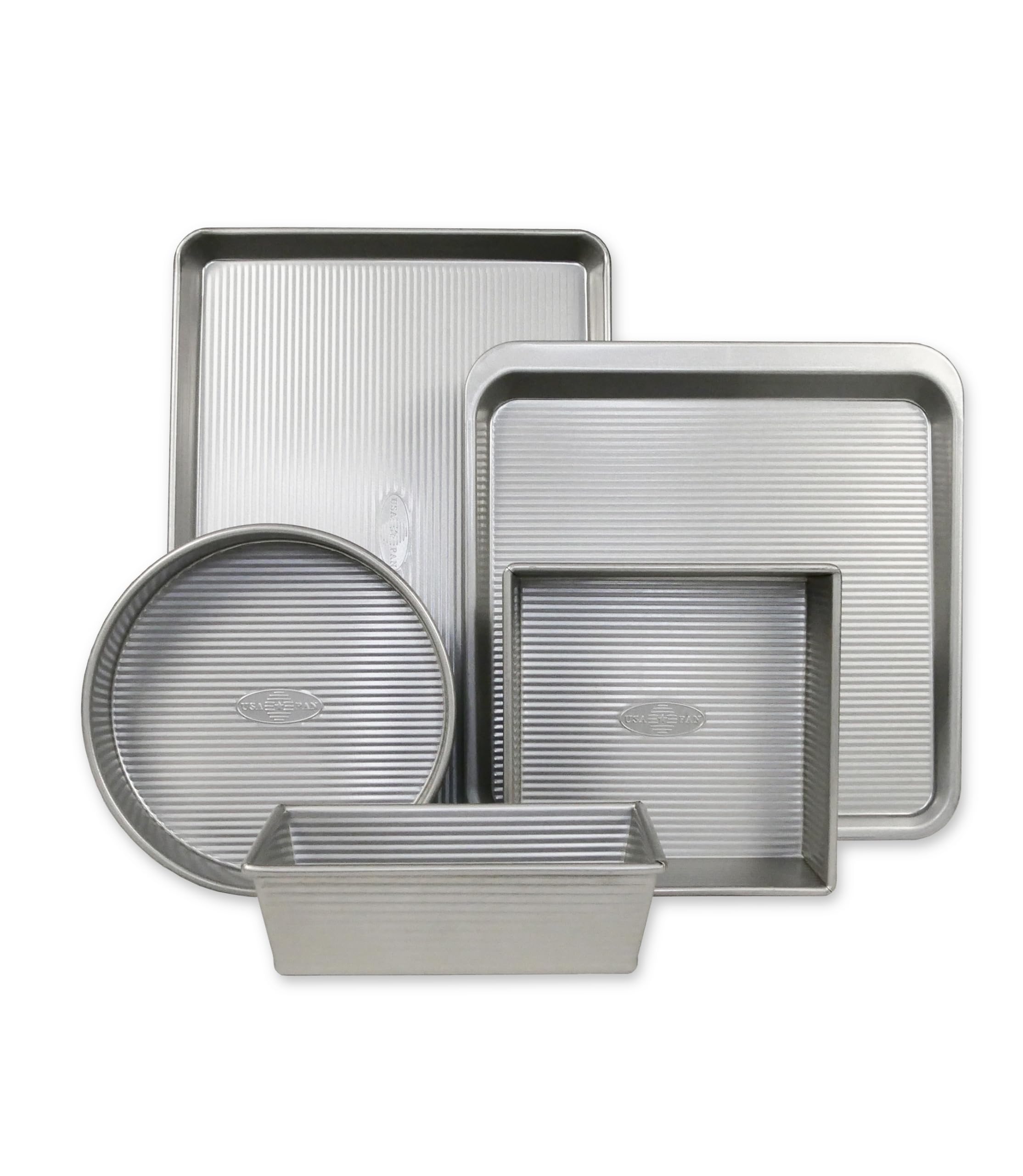 USA Pan Bakeware Aluminzed Steel 5-Piece Set Half, Cookie Sheet, Loaf, Square, Round Cake Pan