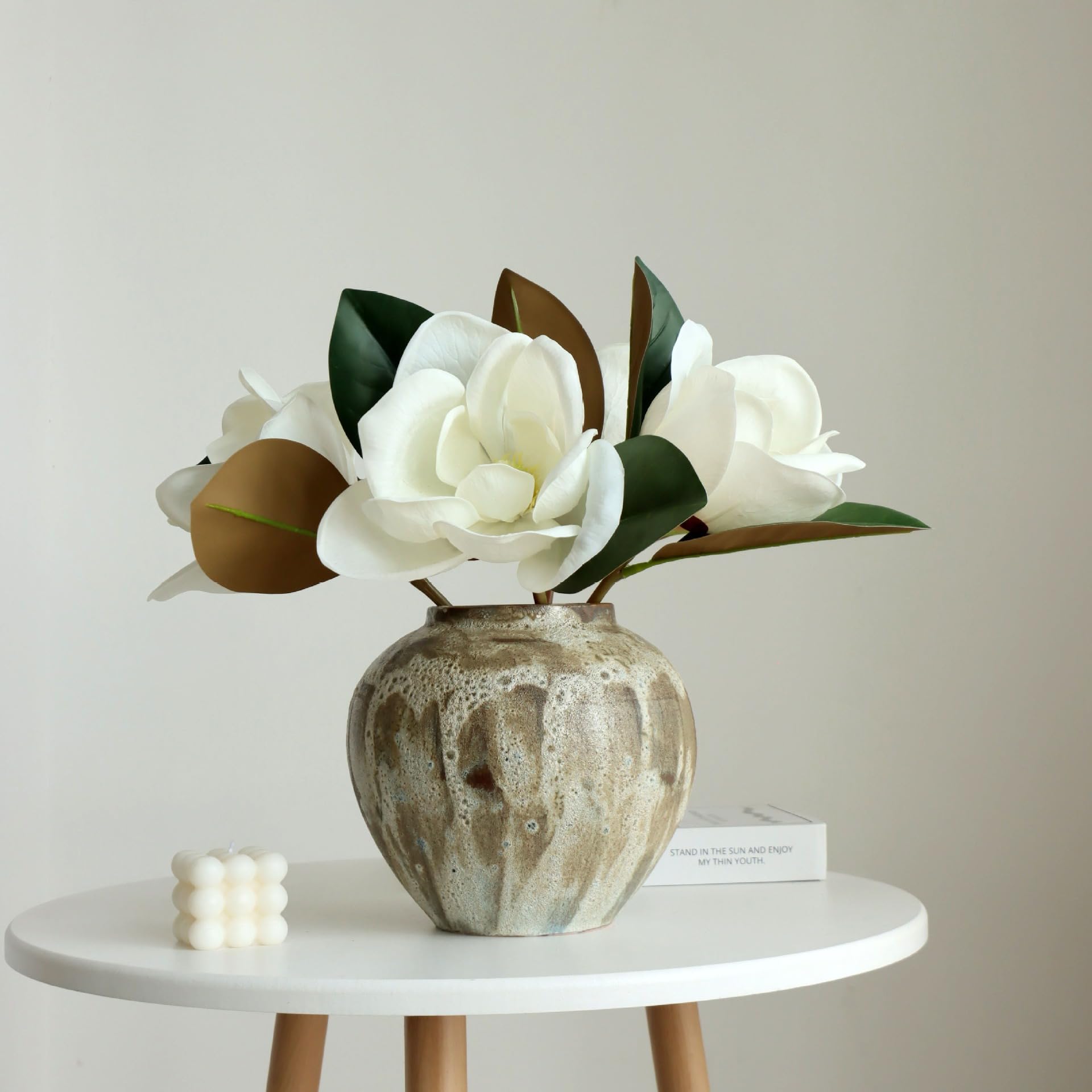 Artificial Magnolia Stem with 3 White Flowers, Real Touch Petals, Green Leaves for Wedding and Home Decor (white)