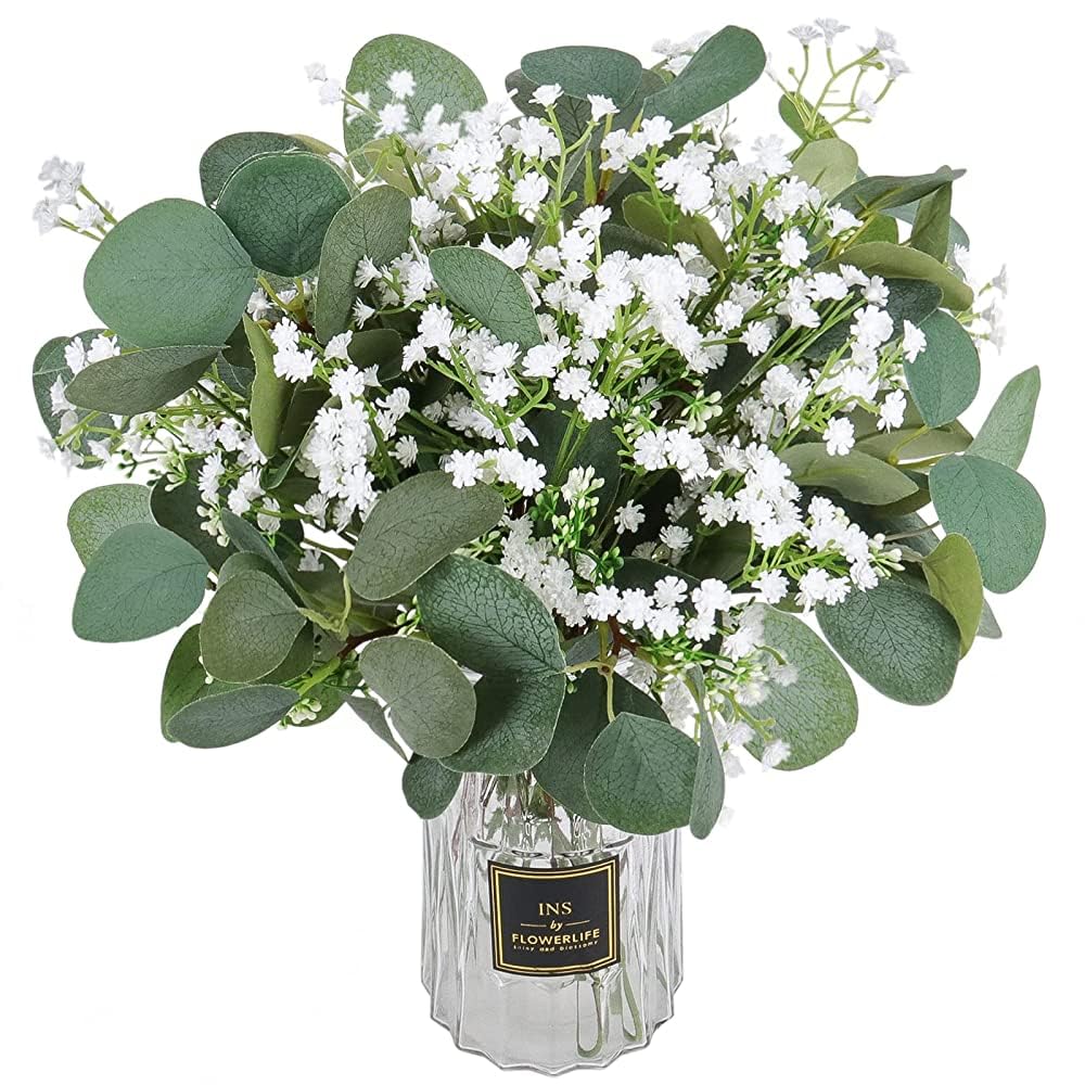 21pcs Babys Breath Artificial Flowers Fake Eucalyptus Leaves Flowers Bouquet Artificial White Gypsophila Bouquets Real Touch Faux Flowers for Wedding Floral Arrangement Party Home Decoration