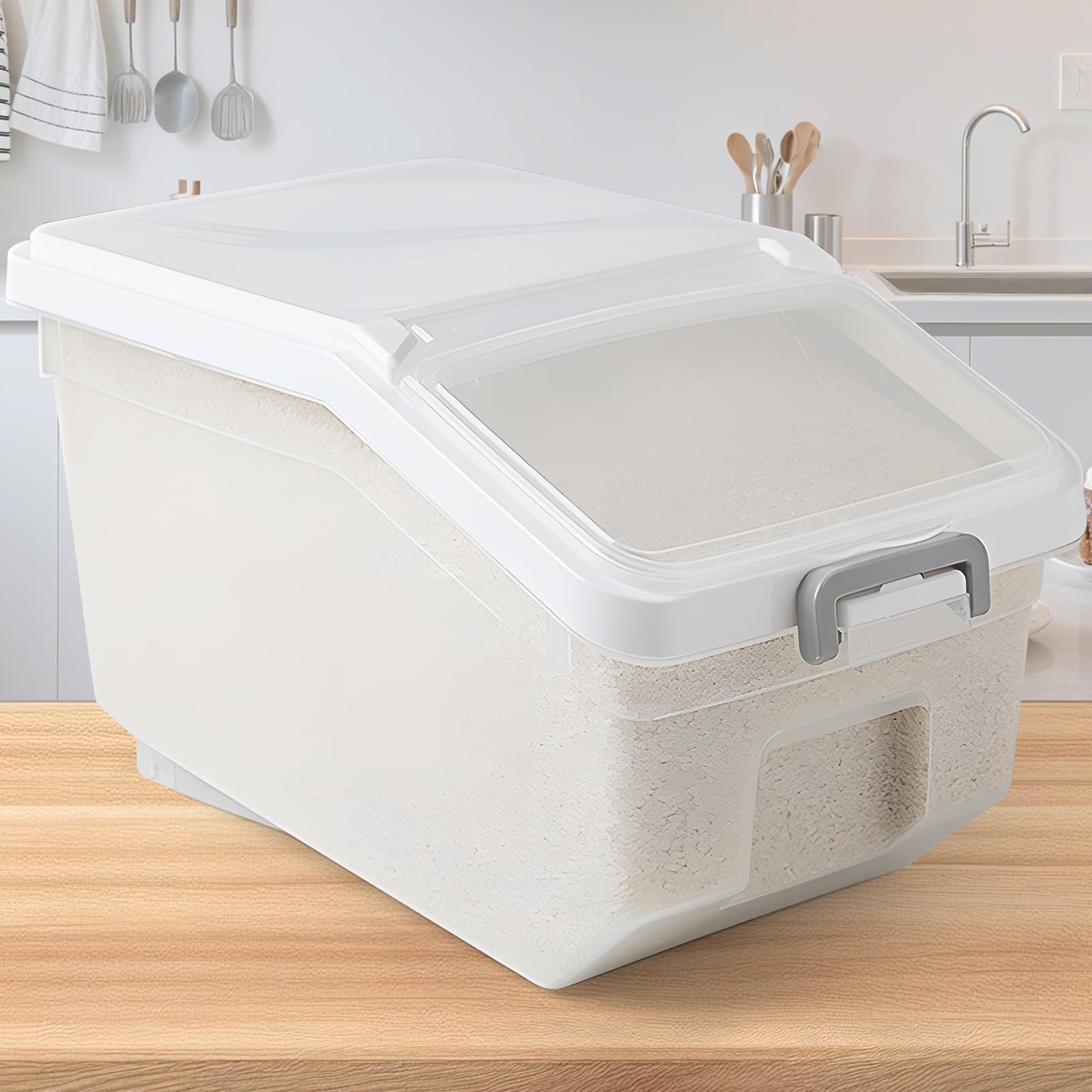 ANTOLE Rice Storage Box with Lid,Airtight BPA-Free Food Container Rice Container with Measuring Cup for Cereal, Grains,Cereal Dispenser,rice storage container Rice Bucket for Kitchen (White-20kg)