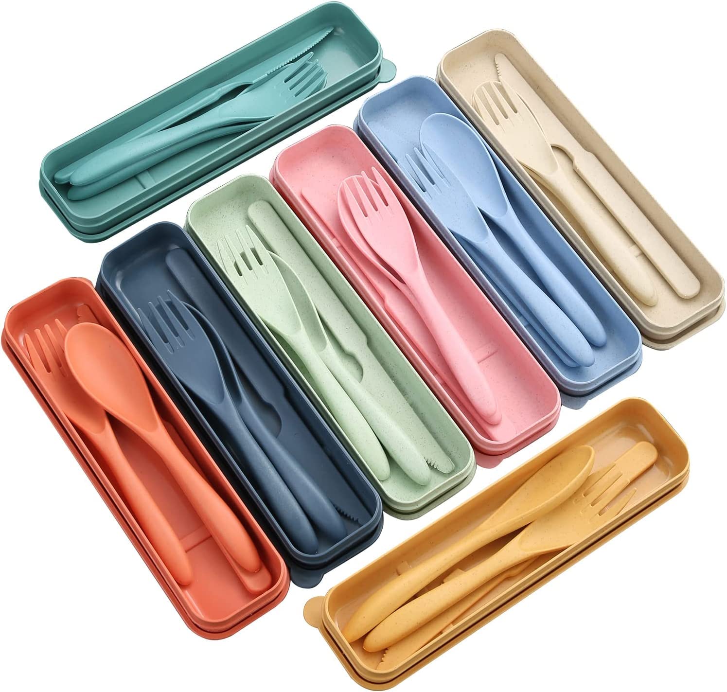 SYOSI Wheat Straw Cutlery, Reusable Portable Travel Utensil Set with Case, Spoon Knife Fork Tableware set, for Kids Adult Travel Picnic Camping or Daily Use (8 Colors)