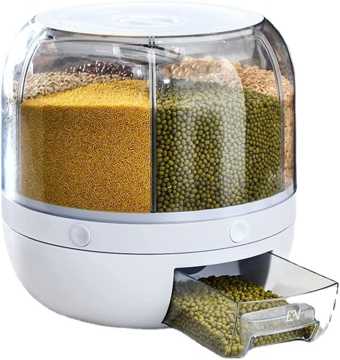 ALEYHA 6 Grid Food Storage Dispenser Rice & Grain Storage Container 360° Rotating Rice Storage Bucket One-Click Round Rice Output for Grains for Grains, Snacks, Dog Food, Coffee Beans