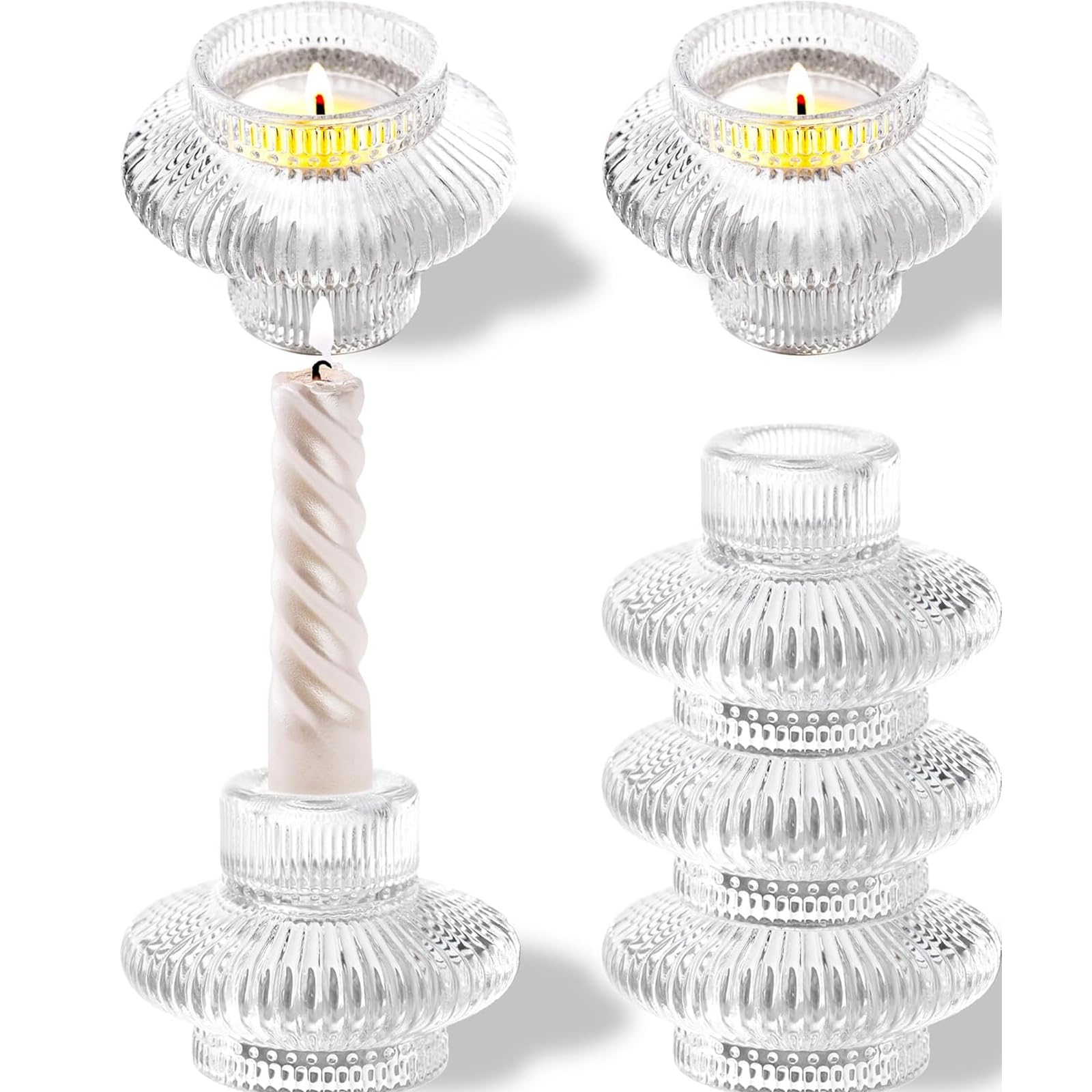Tazweeq Taper Glass Candle Holder Set of 6 for Taper Candles and Tea Lights, Dual Sided Candle Sticks Holder Decor for Taper Candles/Tea Lights Candles, for Wedding, Party, Holiday Decoration (Clear)