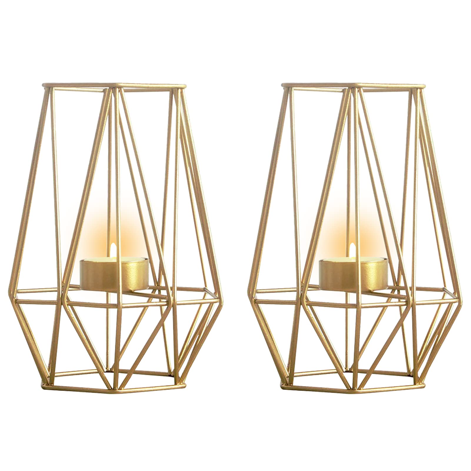 Nuptio 2 Pcs Metal Hexagon Shaped Geometric Design Tea Light Votive Candle Holders, Iron Hollow Tealight Candle Holders for Vintage Wedding Home Decoration, Gold (L + L)