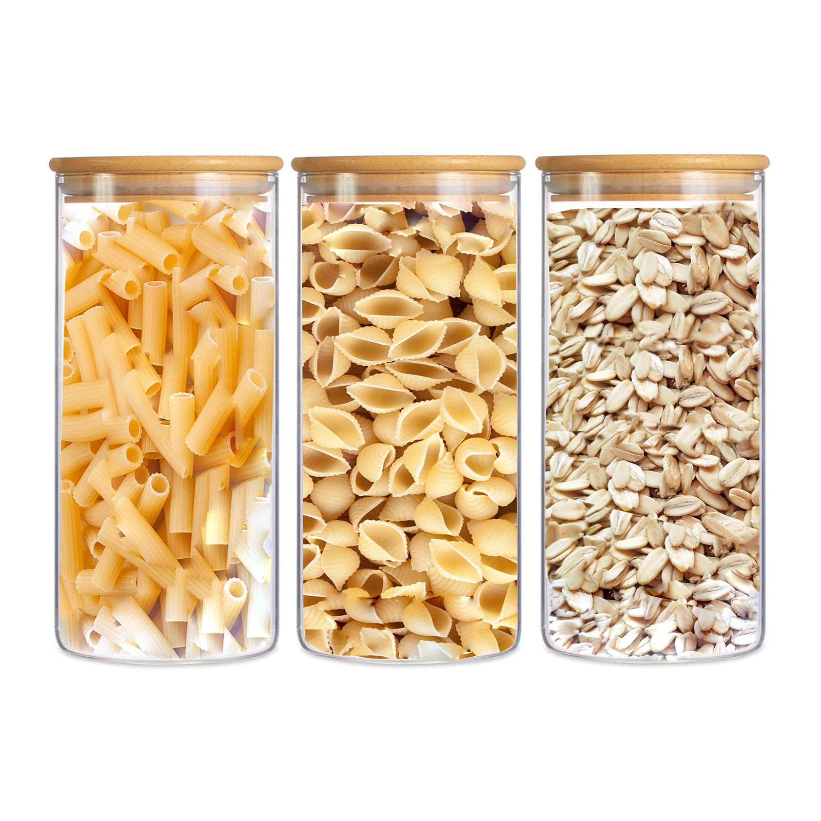 Glass Storage Jars with Lids 1000ML Set of 3 - High Borosilicate Glass Airtight Kitchen Food Canisters Cylinder Clear Preserving Seal Containers with Bamboo Lid for Canning Cereal,Pasta