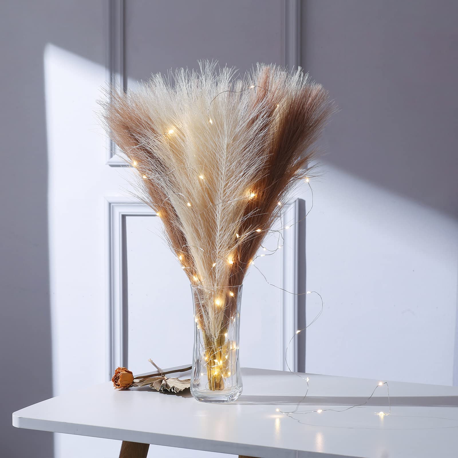 Pampas Artificial, Pampas Grass Decor Tall, Faux Pompous Grass Branches Small 17",6 Pcs Dried Pompus for Vase Filler Large Pompas Floral,Fake Artificial Plant Boho Decor, Beige & Taupe