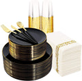 175pcs Black Dinnerware Set, Premium Heavy Duty Plastic Plates With Gold Rim, Dinner Plates, Dessert Appetizer Elegant Fancy Wedding Plates, Cups With Gold Rim