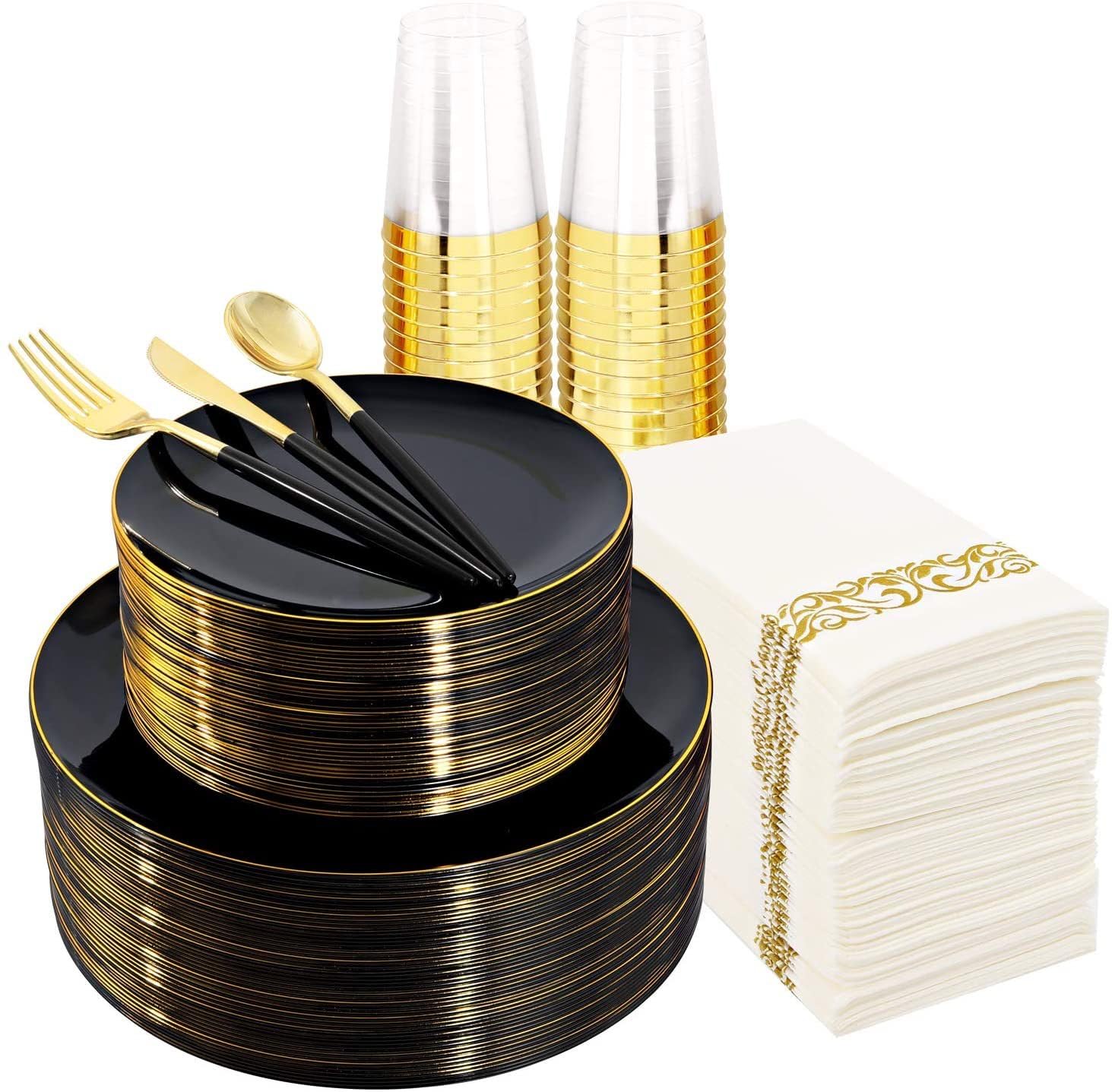 175pcs Black Dinnerware Set, Premium Heavy Duty Plastic Plates With Gold Rim, Dinner Plates, Dessert Appetizer Elegant Fancy Wedding Plates, Cups With Gold Rim