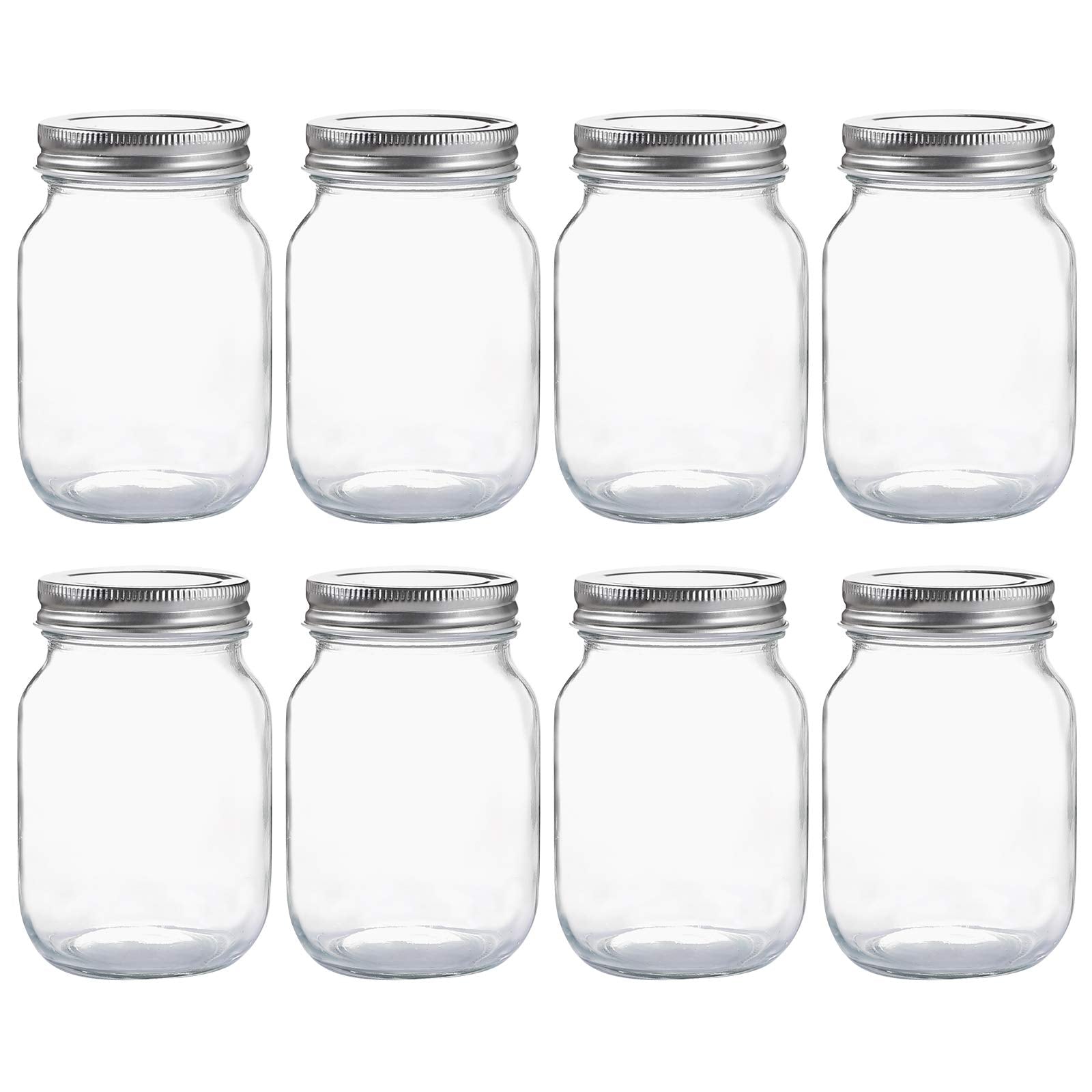 Glass Regular Mouth Mason Jars, 16 oz Clear Glass Jars with Silver Metal Lids for Sealing, Canning Jars for Food Storage, Overnight Oats, Dry Food, Snacks, Candies, DIY Projects (8PACK)