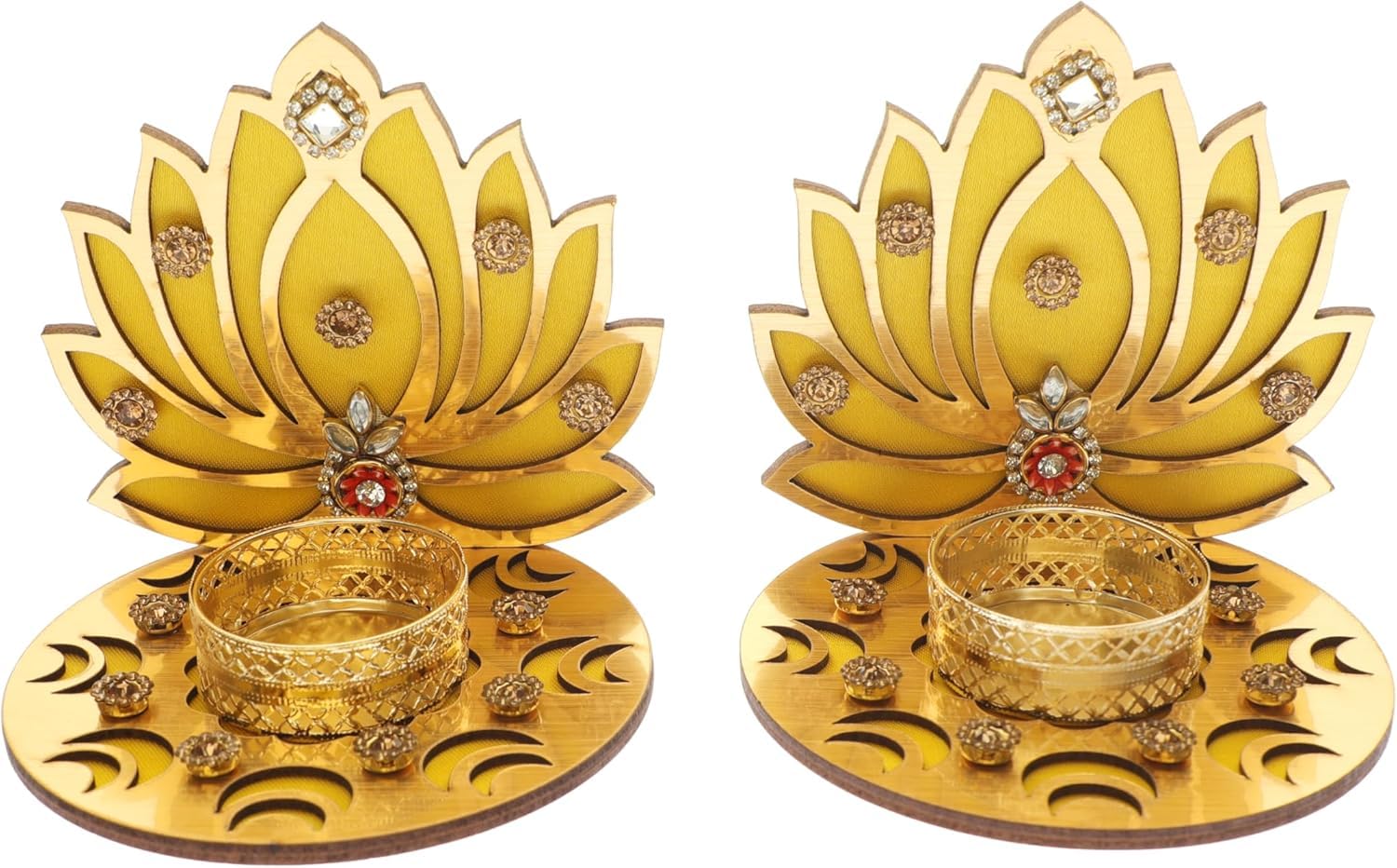 Set of 2 Decorative MDF Wooden Lotus T Light Holder Candle Stand Tealight for Indian Christmans New year Decorations Festival Lighting Accessories Home Decor(Without Wax)(Size:-4")(Yellow and Golden)