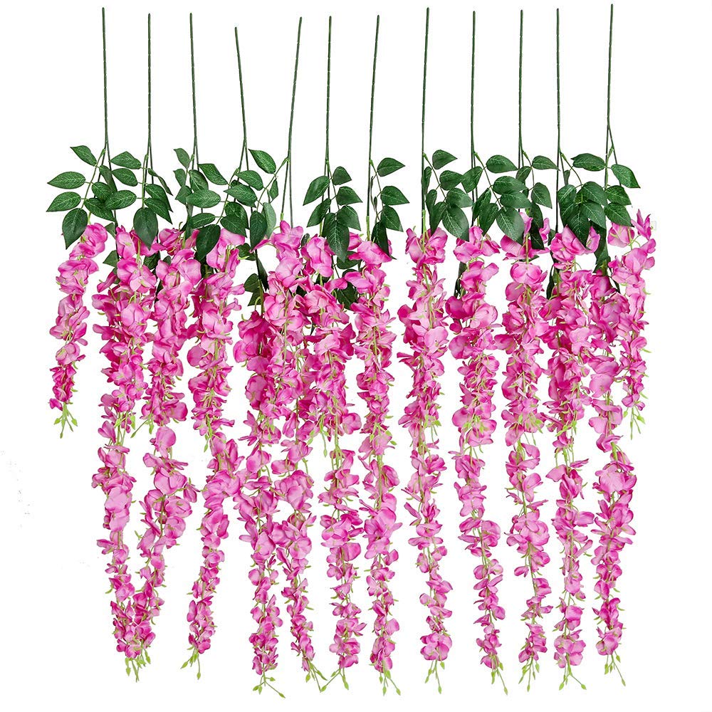 12pcs Artificial Silk Wisteria Vine Ratta Silk Hanging Flower Wedding Decor,Rose Red