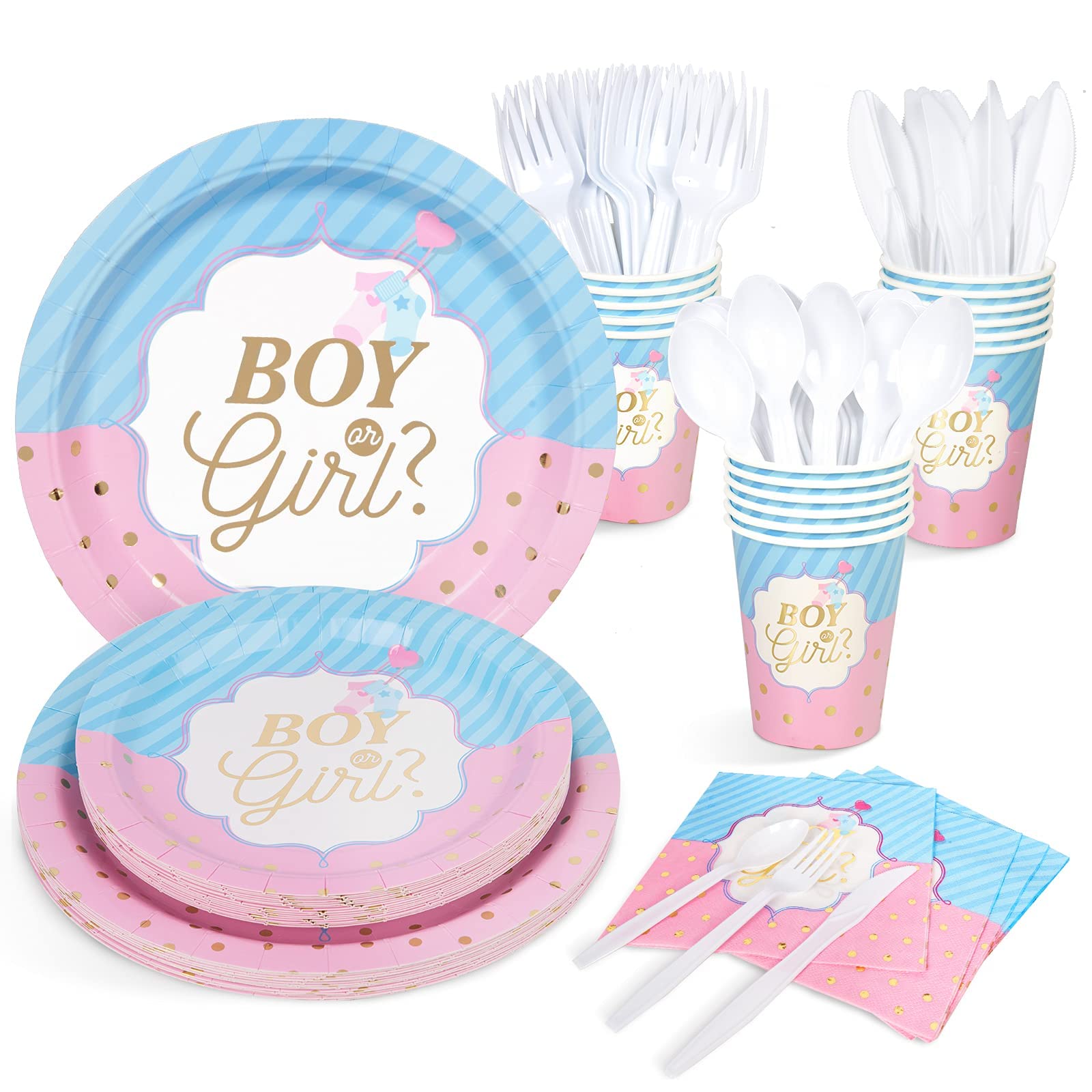 MAKINGTEC Gender Reveal Party Supplies Set - Plates, Cups, Napkins, Utensils for Baby Shower Celebration (16 Kinds, 112Pcs Total)