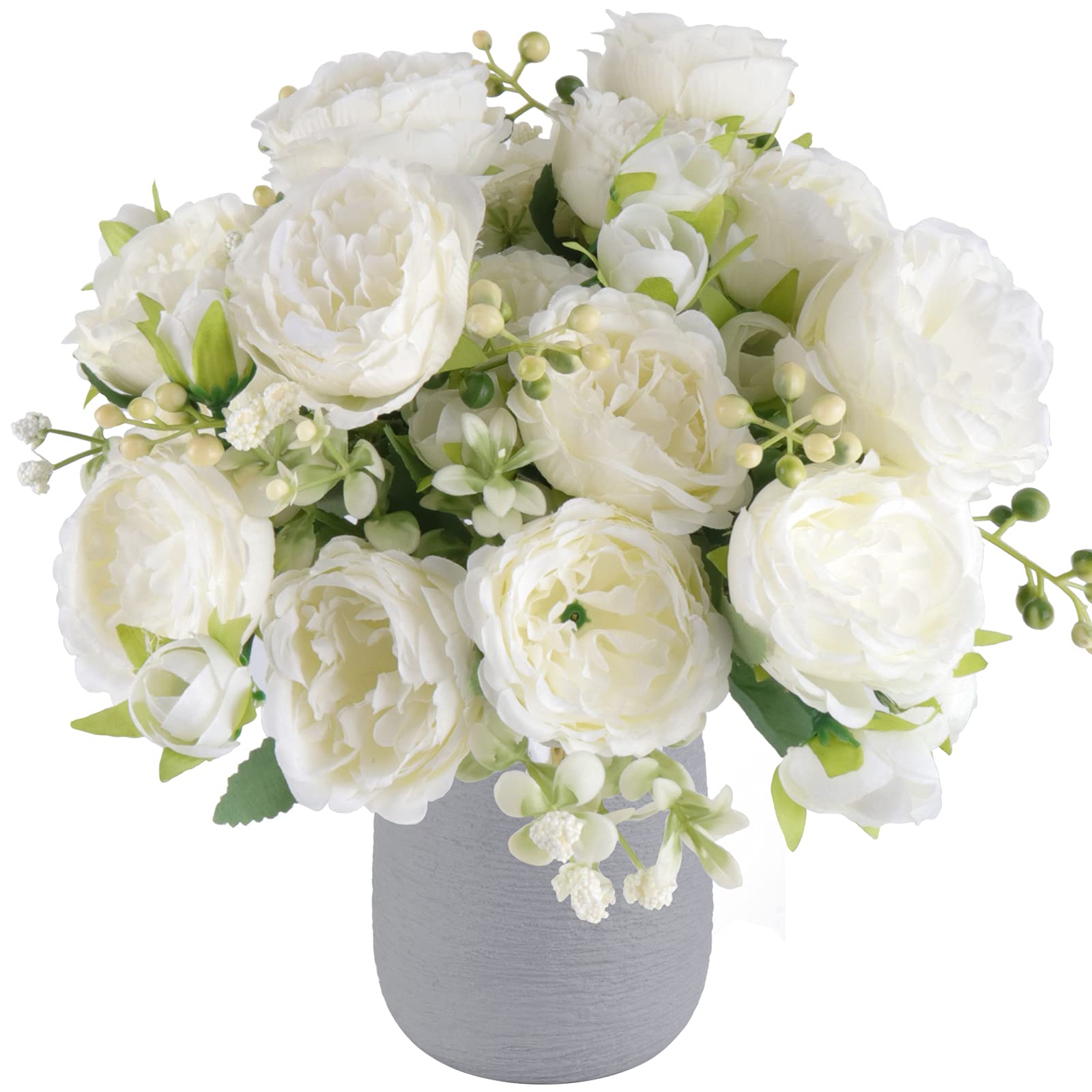 Artificial Peonies Silk Flowers, White Faux Peony Bouquet 4 Bundles Florals Arrangements Decor for Farmhouse Home Boho Wedding Table Centerpiece, Fake Plastic Flowers Bulk for Vase Decoration (White)