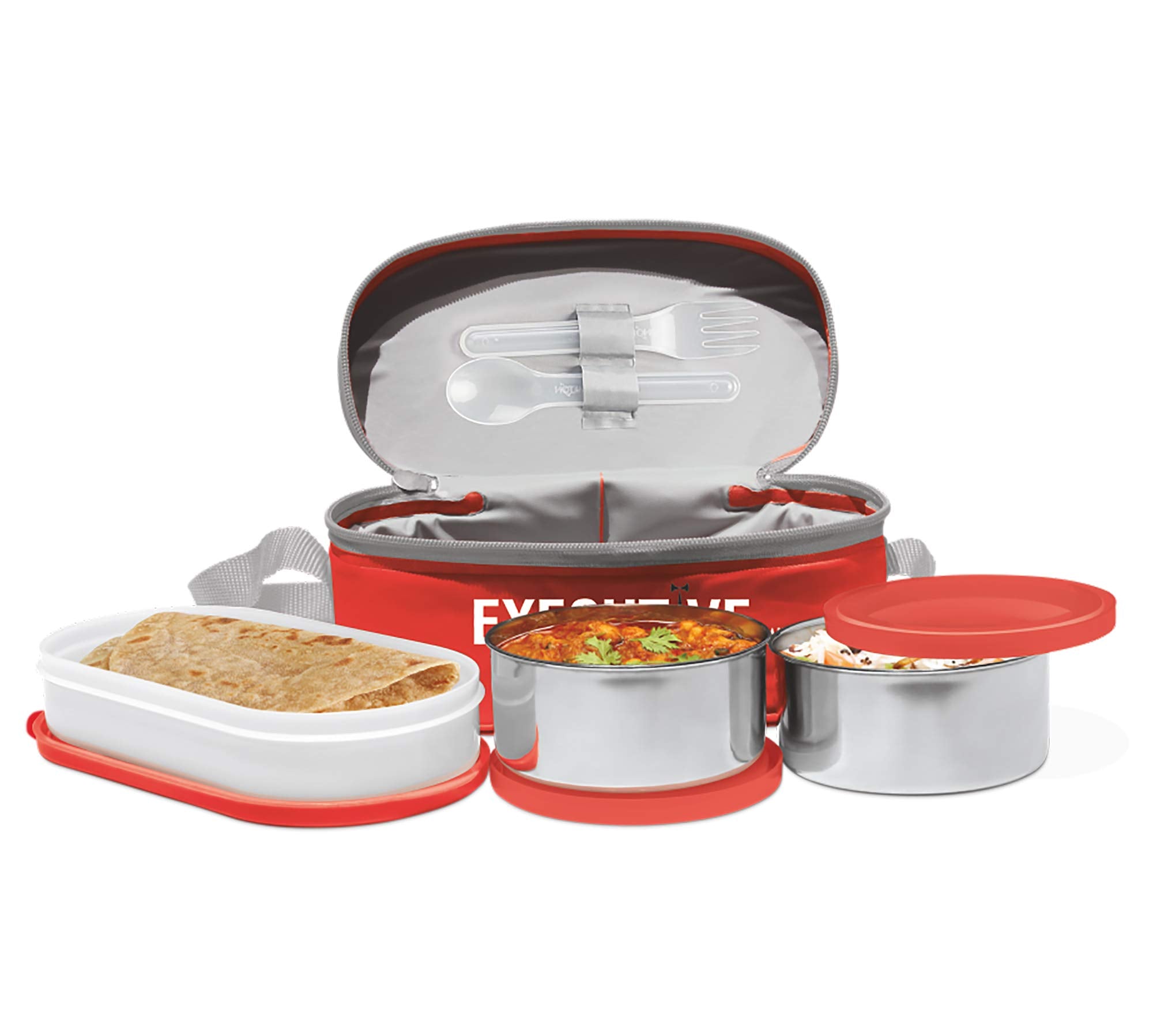 MILTON 6-Piece Lunch Box Set with Insulated Bag & Cutlery - Includes Microwave Safe Oval Plastic Container (500ml) & 2 Stainless Steel Containers (280ml Each), Keeps Food Hot - Executive- Red
