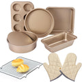 EYSOO Nonstick Bakeware Set 7 Pcs Baking Pans Set- Pizza Tray, Round/Square Pans, Loaf Pan, 6-Cup Muffin Pan Carbon Steel Baking Trays Oven Trays for Bakers Beginners (B-Upgraded Cotton Gloves)